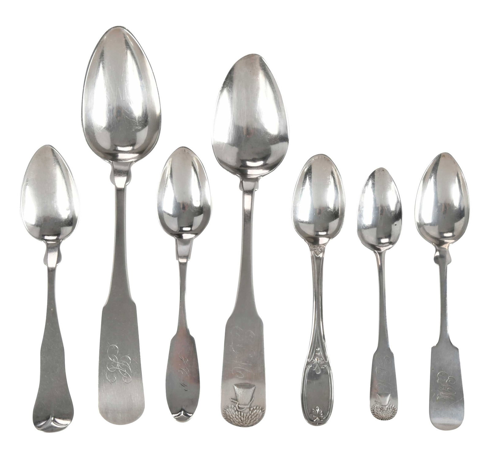30 Northern Coin Silver Spoons: 19th century, including set of nine and four spoons, by Palmer & Bachelders (Boston, Massachusetts); set of six spoons by W. L. Pitkin and Everard Benjamin (both Hartford, Connecticut); serving spoon