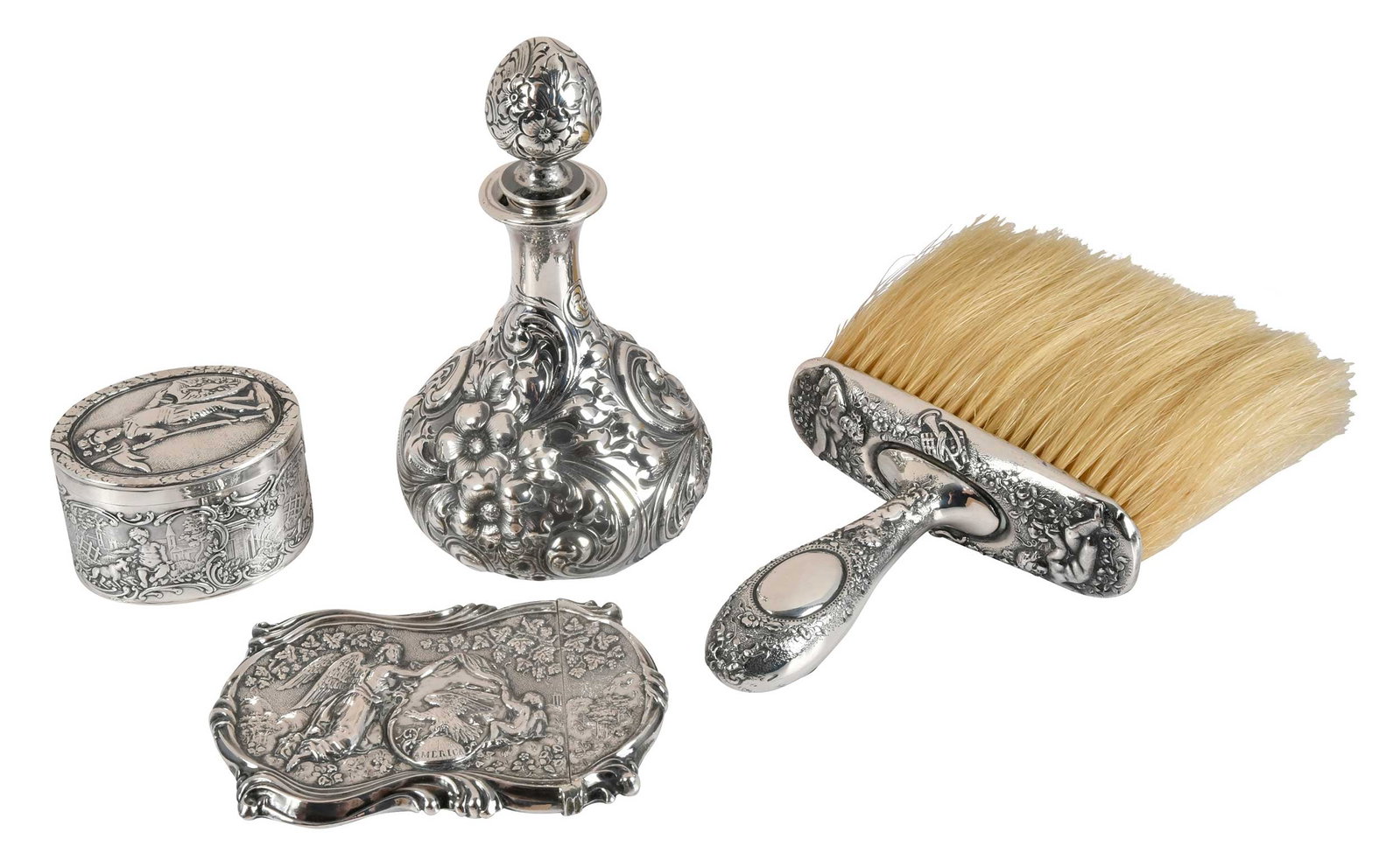Four Sterling Dresser Objects: American, 20th century, Tiffany & Co. sterling brush; Dominick & Haff sterling perfume; sterling oval box; rectangular card case, "America", unmarked, 8.61 oz. T., 2-1/2 in. to 6-3/4 in. Provenance: