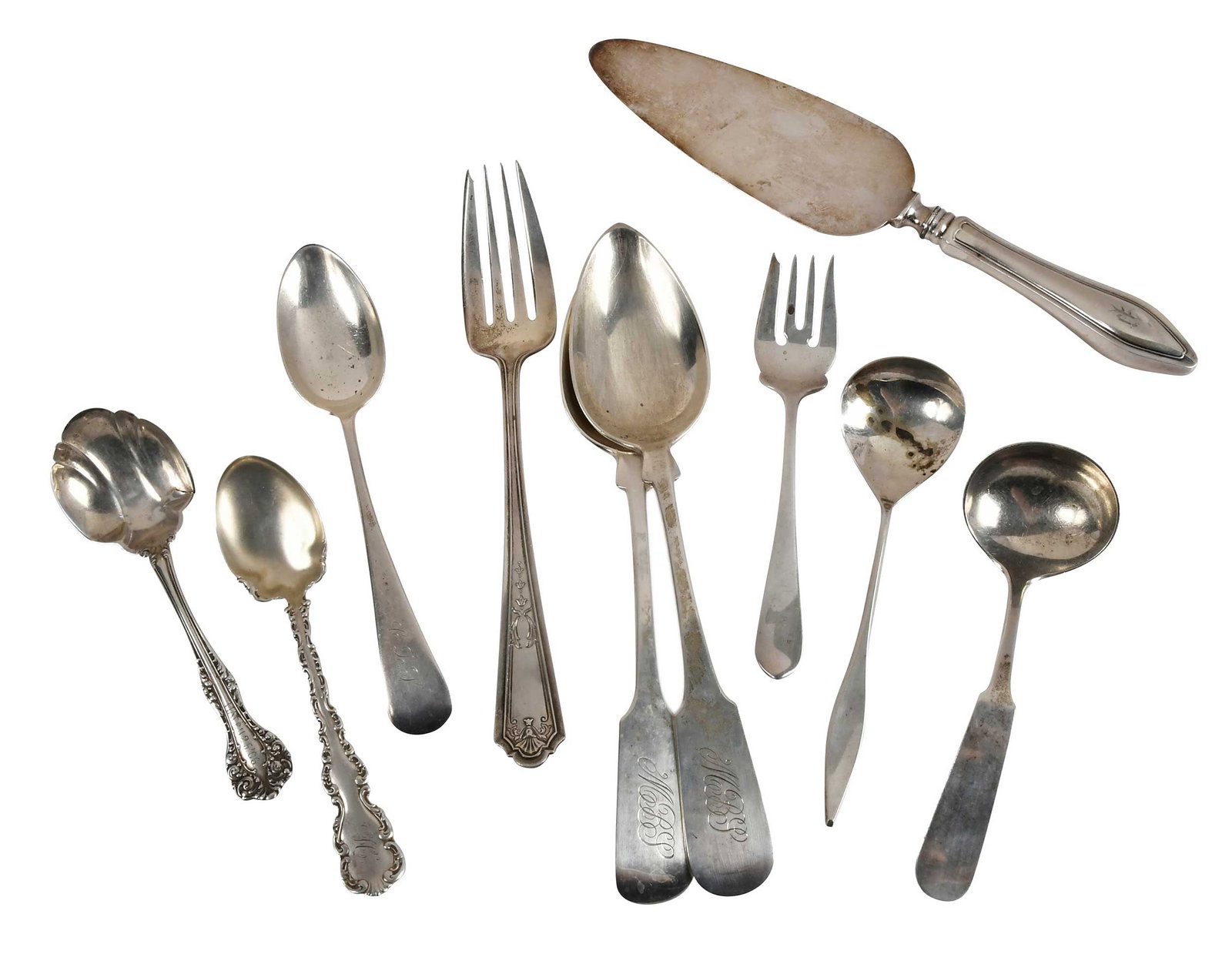 Ten Pieces Assorted Flatware: American, 20th century, including Old Newbury Crafters, two serving spoons and ladle; hollow handle pie server; Whiting Louis XV sugar spoon; serving fork, tablespoon, sugar spoons, salad fork, most w