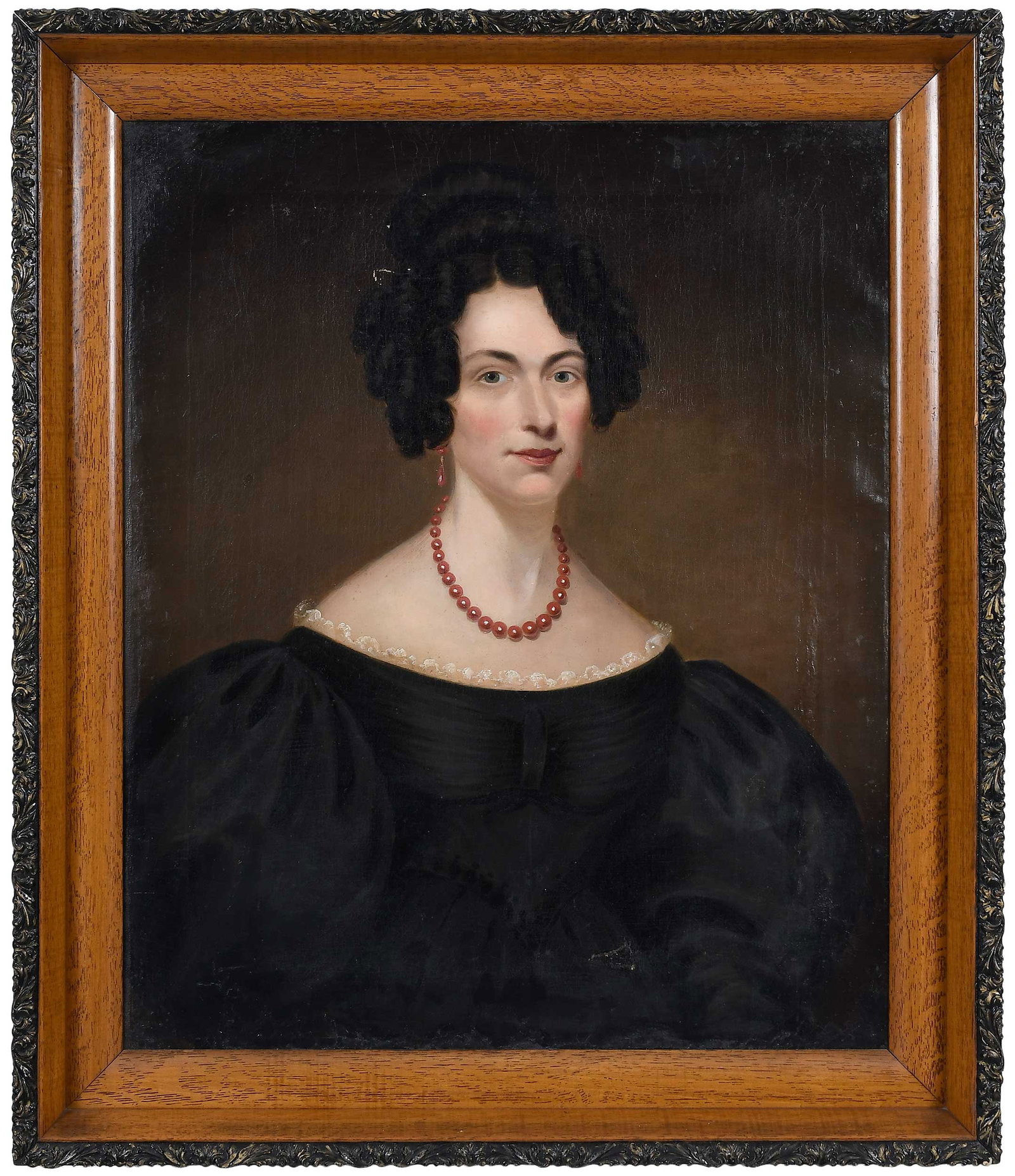 American School: (19th century) Portrait of a Lady with coral jewelry, unsigned, oil on canvas, 30-1/4 x 25 in.; natural wood frame, 36-1/4 x 31 x 2-1/2 in. Provenance: Buzzard's Roost, Lynchburg, Virginia (label