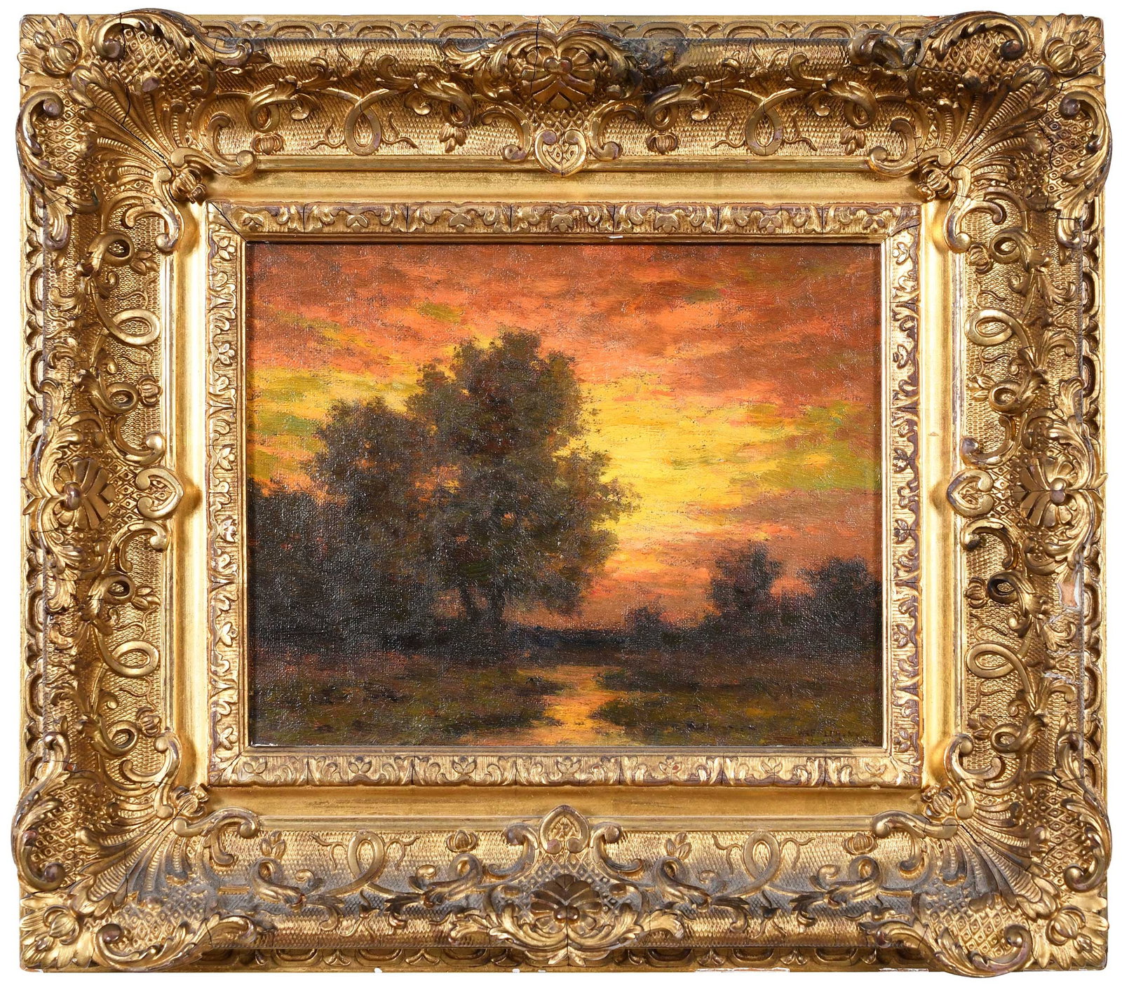 William Crothers Fitler: (American, 1857-1915) Sunset Landscape, signed lower right "WC Fitler. NY," oil on canvas, 8 x 10 in.; gilt wood frame, 14-3/4 x 16-3/4 x 2-3/8 in. Provenance: Estate of Lamar John Ryan Cecil,