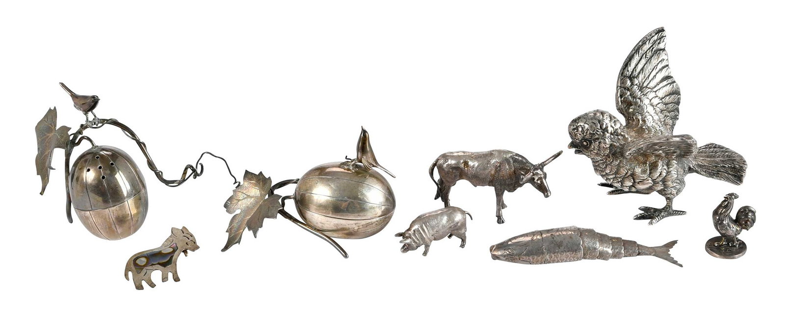 Eight Silver Animal Themed Items: 20th century, including Continental silver bird; two melon form condiment pieces with birds, probably Japanese, marked "950"; English silver fish, marks for Birmingham, .925 fine; English silver