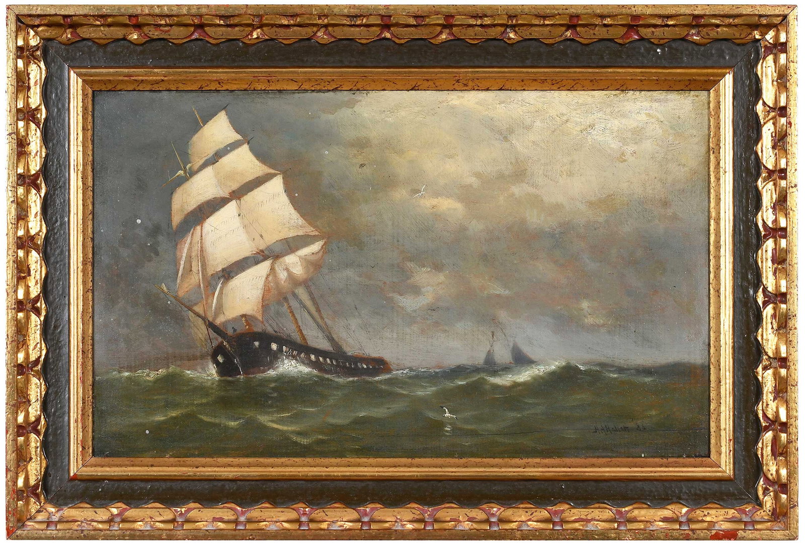 Hendricks A. Hallett: (American/Massachusetts, 1847-1921) Masted Ship in Rough Seas, 1886, signed and dated lower right "H.A. Hallett '86," oil on panel, 12 x 20-1/8 in.; reproduction gilt wood frame, 16-5/8 x 24-5/8 x