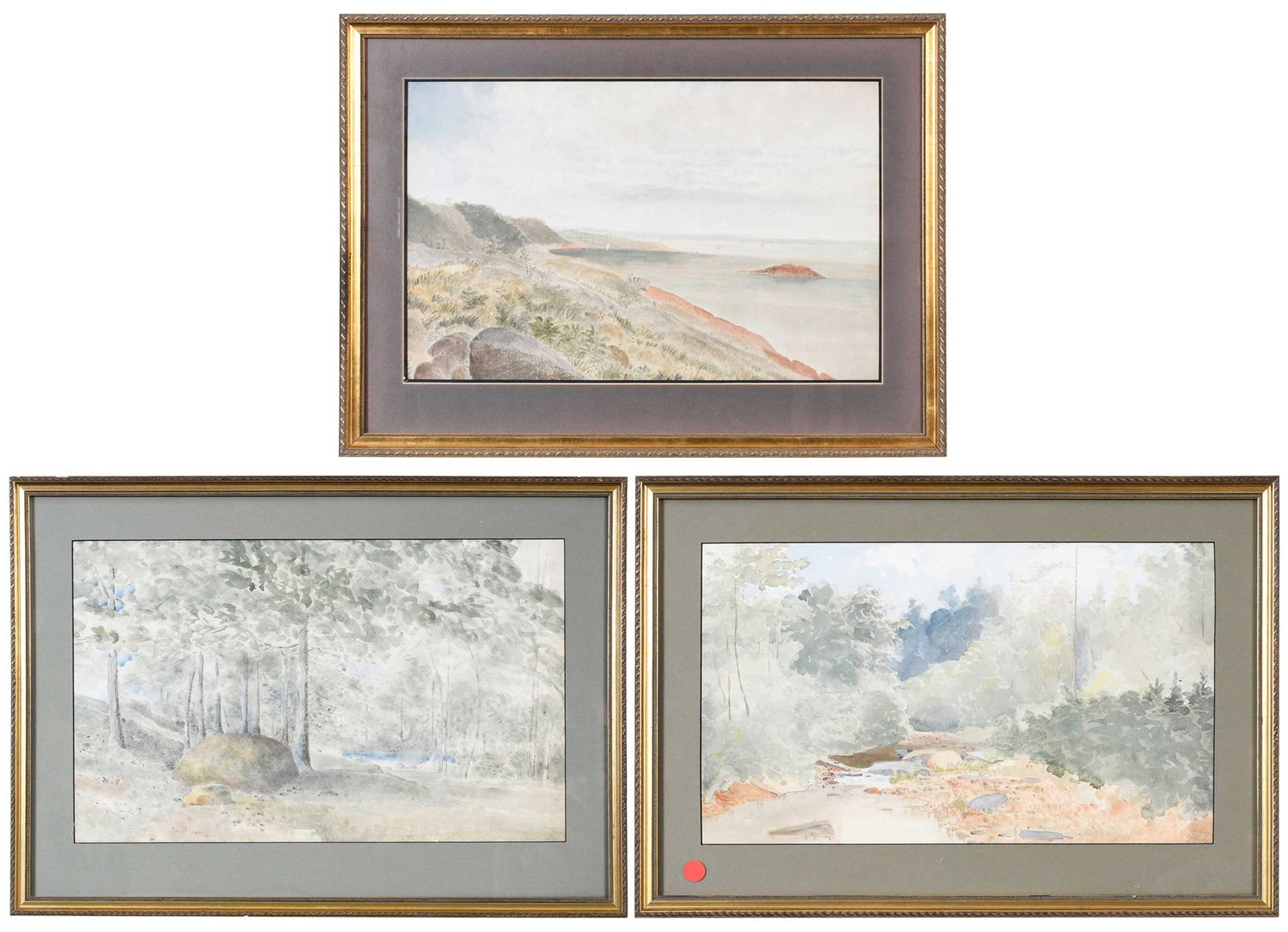 Three Massachusetts Watercolor Landscapes: (American, 19th century) Norman's Woe, Magnolia (Manchester) Mass, 1878, signed illegibly lower left, inscribed with title and date verso, watercolor on paper, 14 x 21-3/4 in.; gilt wood frame,
