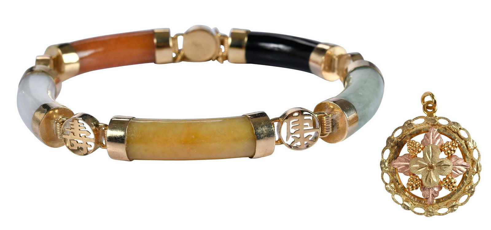 14kt. Multi Jade Link Bracelet, and Black Hills Gold Pendant: multi colored jade links, alternating gold links, marked "14K", yellow gold, 6-1/2 in. length, 21.7 g; floral round charm, tests 14kt., black hills gold, 22.0mm diameter, 3.0 g Provenance: Necklace pu