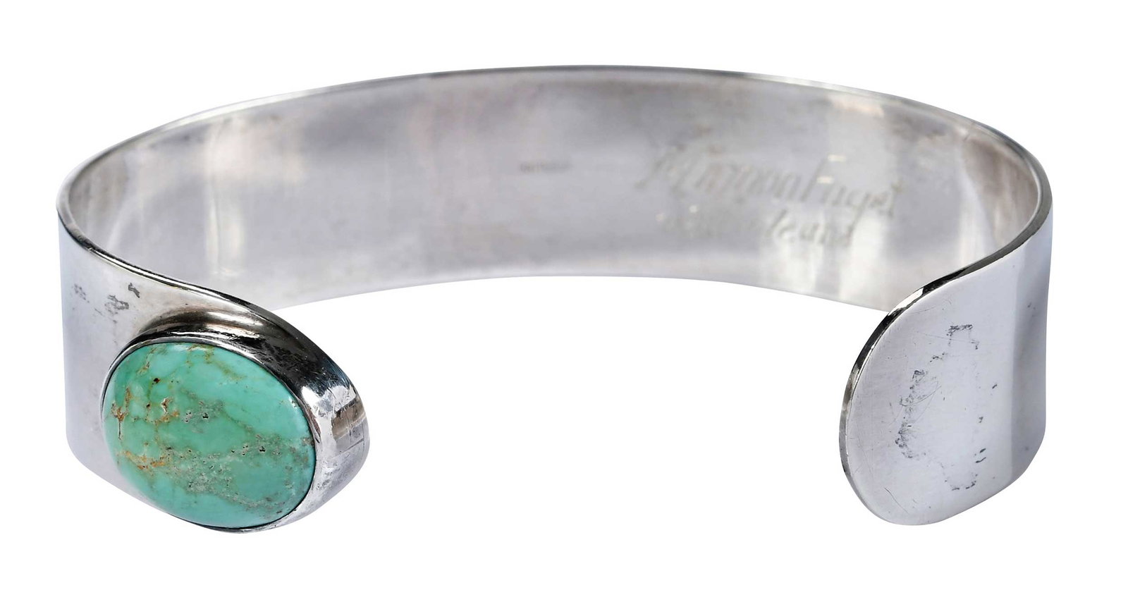 Sterling Silver Turquoise Mignon Faget Cuff Bracelet: oval cabochon cut turquoise, approx. 16.0 x 12.0mm, marked "Mignon Faget, New Orleans, sterling", silver, 5-1/2 in. inside measurement, 15.0mm width, 24.7 g Provenance: Private Collection, Asheville,
