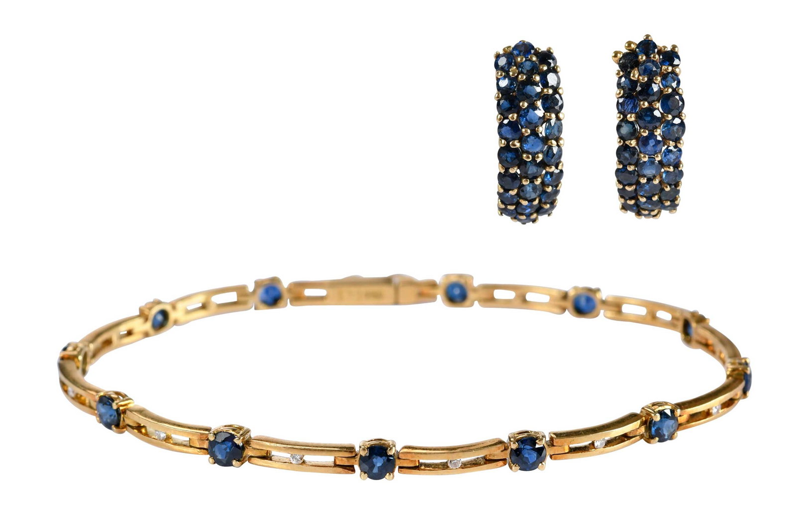 18kt. Blue Sapphire Diamond Link Bracelet and 14kt. J-Hoop Blue Sapphire Earrings: 12 round faceted blue sapphires, 11 round faceted cut diamonds, marked "750k", yellow gold, 7 in. length, 3.5mm width, 8.2 g; three rows round faceted blue sapphires, tests 14kt. yellow gold, post