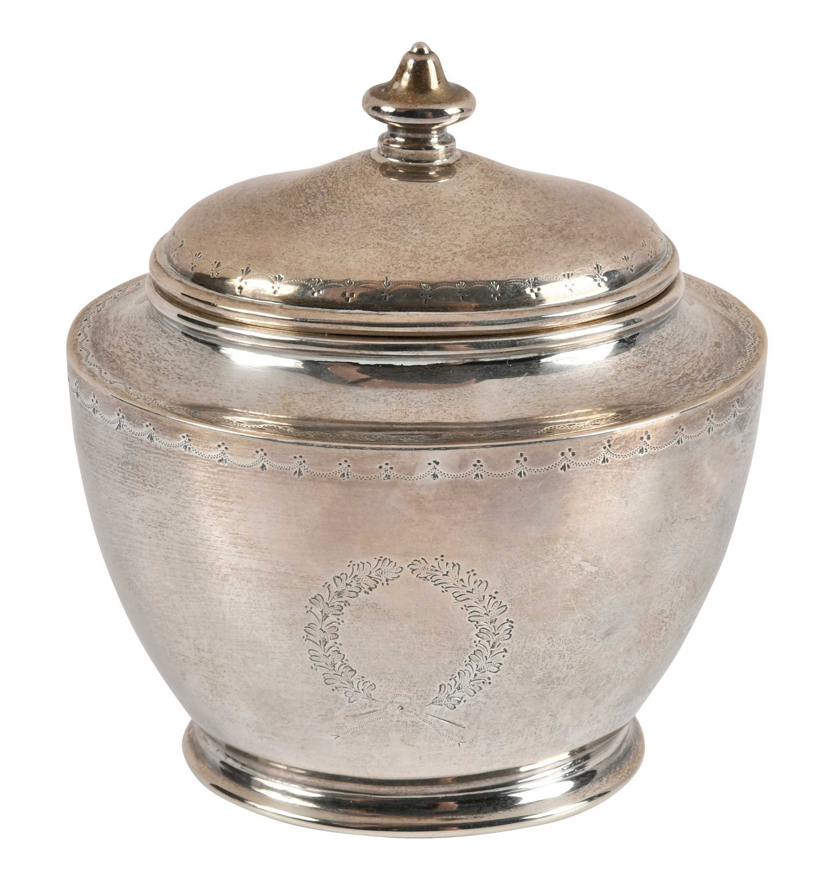 Kirk Sterling Sugar Bowl or Tea Caddy: Baltimore, 1896-1924, oval urn form with swag decoration, one side with monogram, marks for S. Kirk & Son Co., 7.65 oz. T., 4-3/4 x 4-1/4 x 3 in. Provenance: Private Collection, Westchester County, Ne