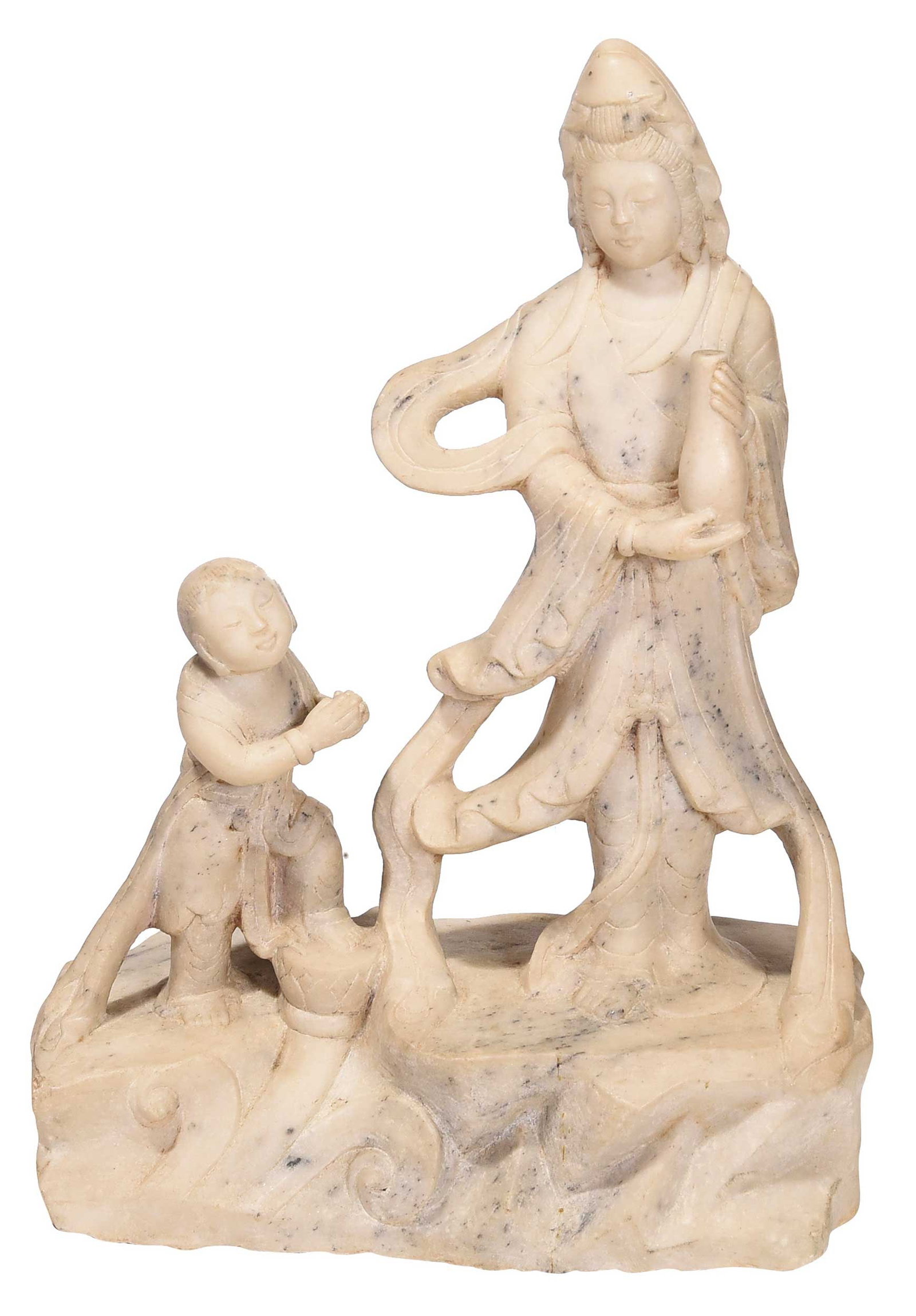 Chinese Carved Marble Songzi Guanyin: carved white marble with black inclusions, standing Guanyin holding vase next to standing child with hands clasped, on naturalistic carved base, 19-3/4 x 13-3/4 x 6-3/4 in. Provenance: Estate of Gary 
