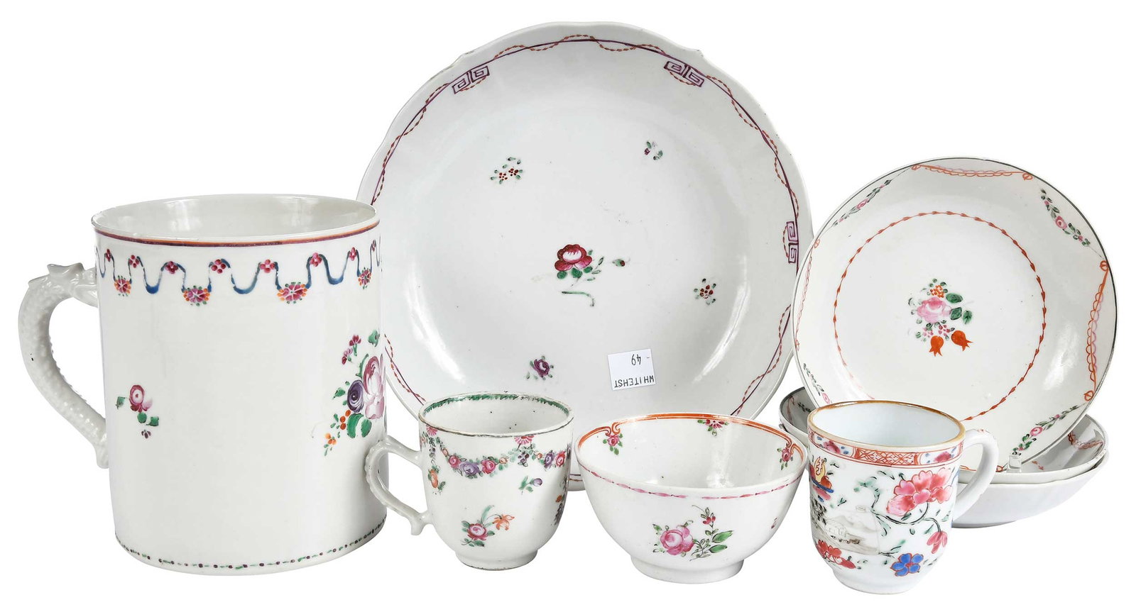 Group of Eight Chinese Porcelain Table Objects: 18th century, varying decorations and forms including a large cann, two demitasse cups, one tea bowl, a pair of saucers, and one plate with a matching saucer, largest 5-1/4 x 6-1/2 x 4-1/4 in. Provena