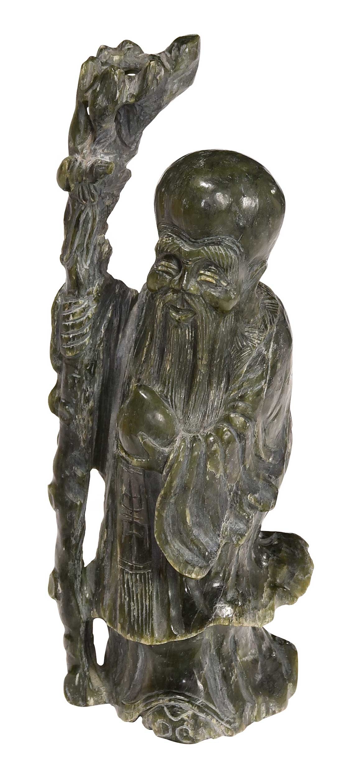 Large Carved Green Hardstone Shou Figure: probably Chinese, 20th century, the figure with long robe and holding fruit and a staff, 13-5/8 x 4-5/8 x 5-1/4 in.