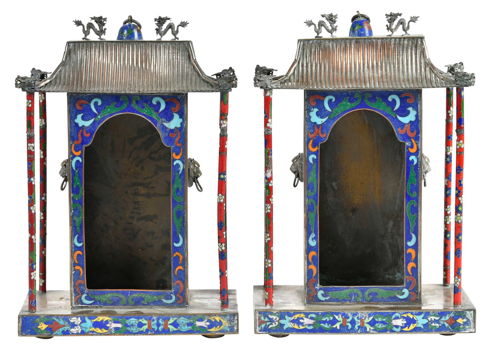 Pair of Asian Cloisonne Temple Form Boxes: probably Japanese, 19th/early 20th century, impressed four character mark to base, each with recessed area (possibly to house an icon/statue), 9-1/2 x 6-1/4 x 3-1/2 in. Provenance: Collection of Steve