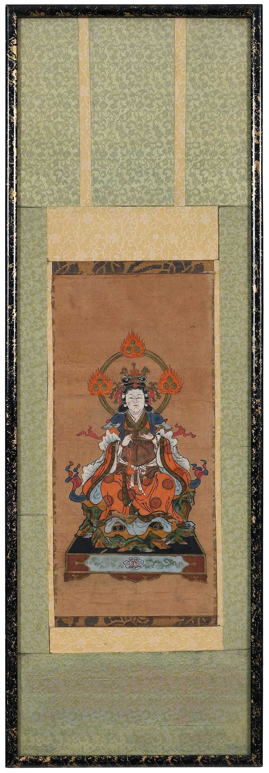 Buddhist Goddess Benzaiten Framed Painting: 19th century, gilt and color on paper, on laid silk, 24 x 8-1/2 x 3/4 in. Provenance: Estate of Gary L. Johnson, Virginia