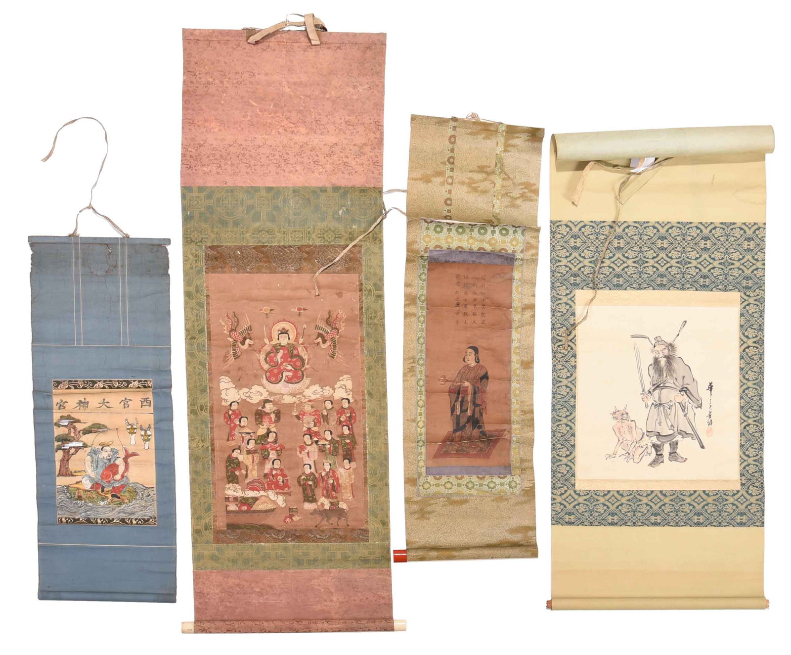 Four Asian Figural Scrolls: Chinese and Japanese, 19th century, lady with tea on poem; empress with phoenix and attendants, with ivory cap; Kinko with carp; robed figure with sword and demon; largest 48 x 17 in. Provenance: Esta