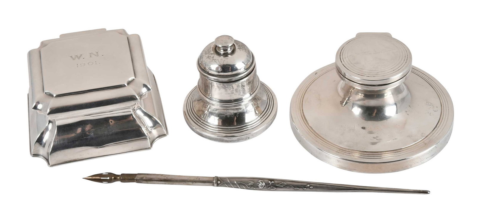Three English Silver Inkwell and Silver Pen (1 of 3)
