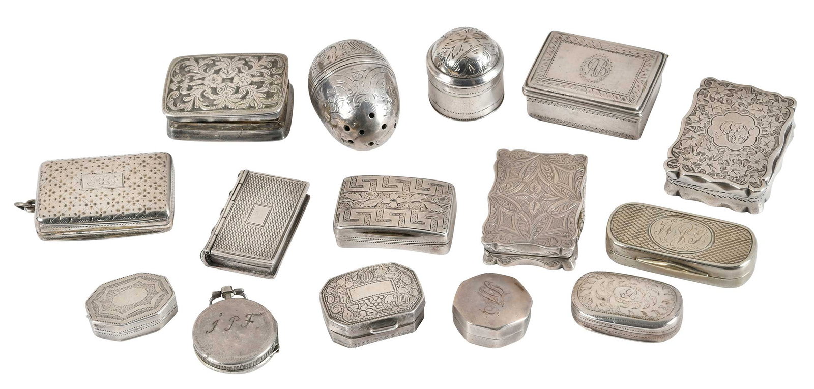 16 Georgian and Victorian English Silver Vinaigrettes: most Birmingham,19th century, most with engraved decoration: one book form; one dome form; three octagonal; one round locket form; one oval; five rectangular, various makers, .925 fine, 5.20 oz. T.;