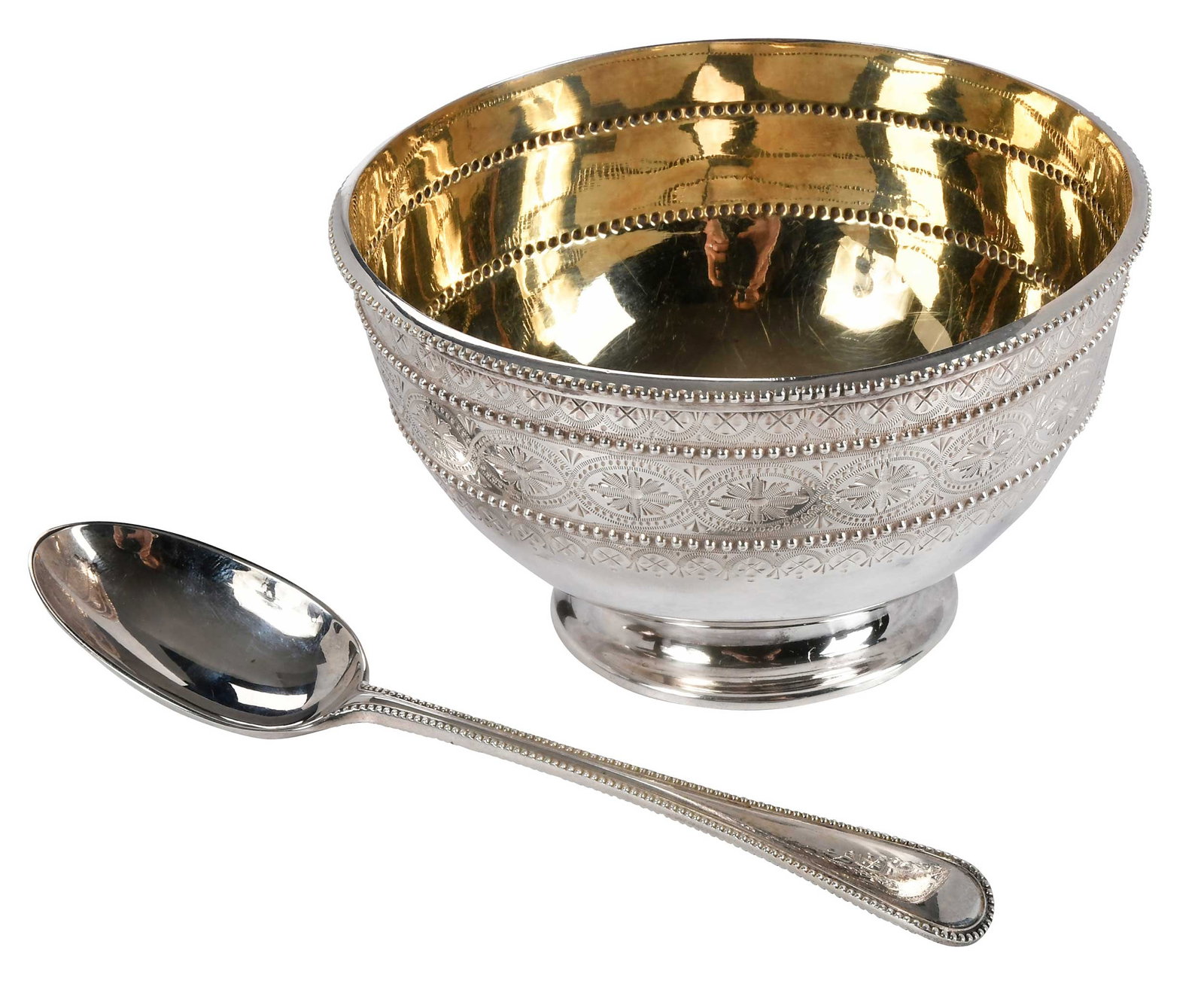 Victorian English Silver Bowl and Spoon, Fitted Case, Thomas Bradbury & Sons: London, 1876-1877, bead borders and engraved decoration, bowl with gilt interior, no monograms, marks for Thomas Bradbury & Sons, .925 fine, 5.98 oz. T., 3 x 4-3/4 in., bowl and 6-1/4 in. spoon;