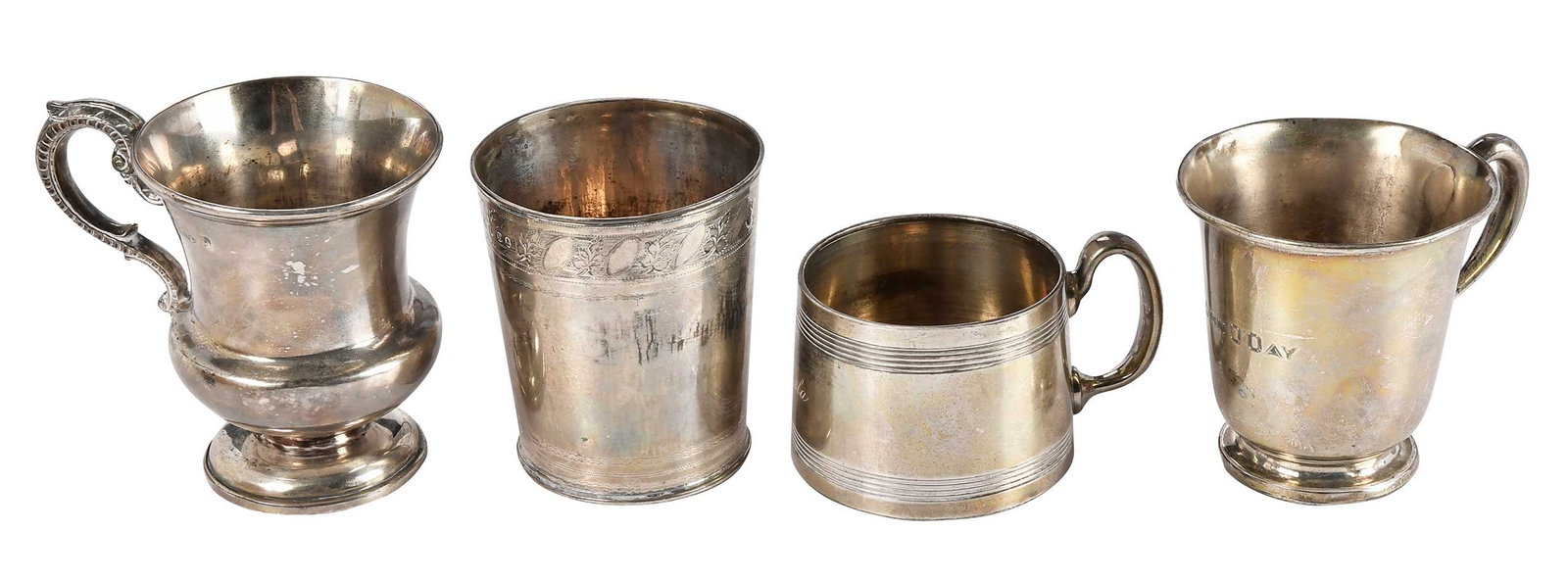Four Silver Children's Cups: including two English silver: one Irish mug, marks for James Le Bas, 1836, 3-1/2 in. and one Georgian cup, marks for London, 1799, 3-1/8 in.; two sterling mugs, 12.28 oz. T. Provenance: Private Collec