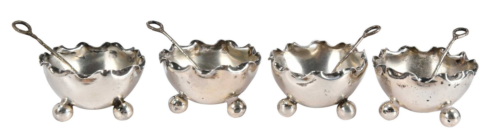 Set of Four English Silver Open Salts with Spoons: London, 1887, four round open salts with ball feet, marks for Hukin & Heath, .925 fine, 1-1/8 x 2 in.; with four bamboo style salt spoons, unmarked, test .900 for better, 2-1/4 in., 3.15 oz. T.