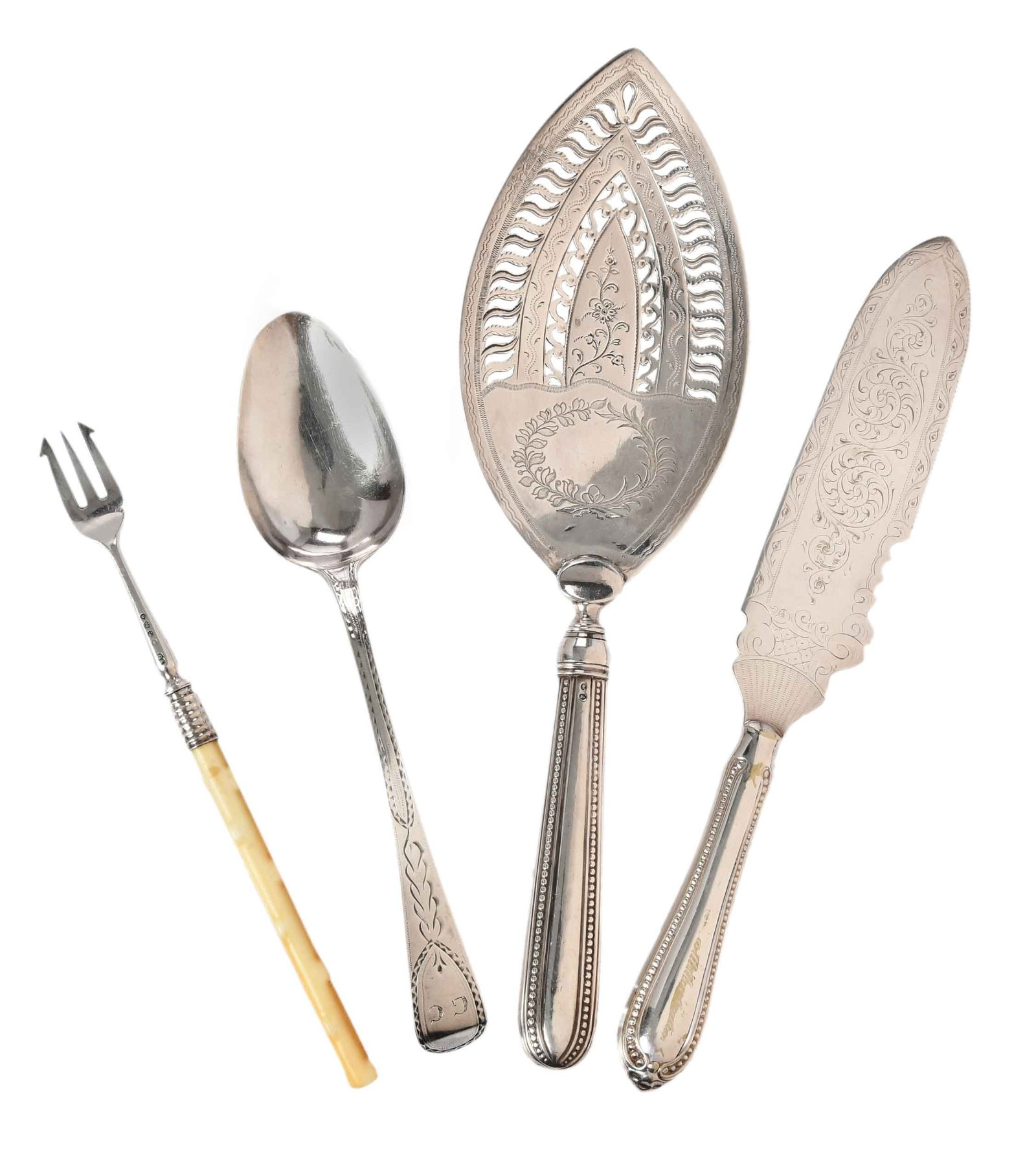 Four English Silver Serving Pieces: 18th/19th century, including bright cut tablespoon, marks for Richard Ferris, Exeter, 1800, 50 grams, 8-1/2 in.; toasting fork with ivory twig form handle and English silver tines, marks for George