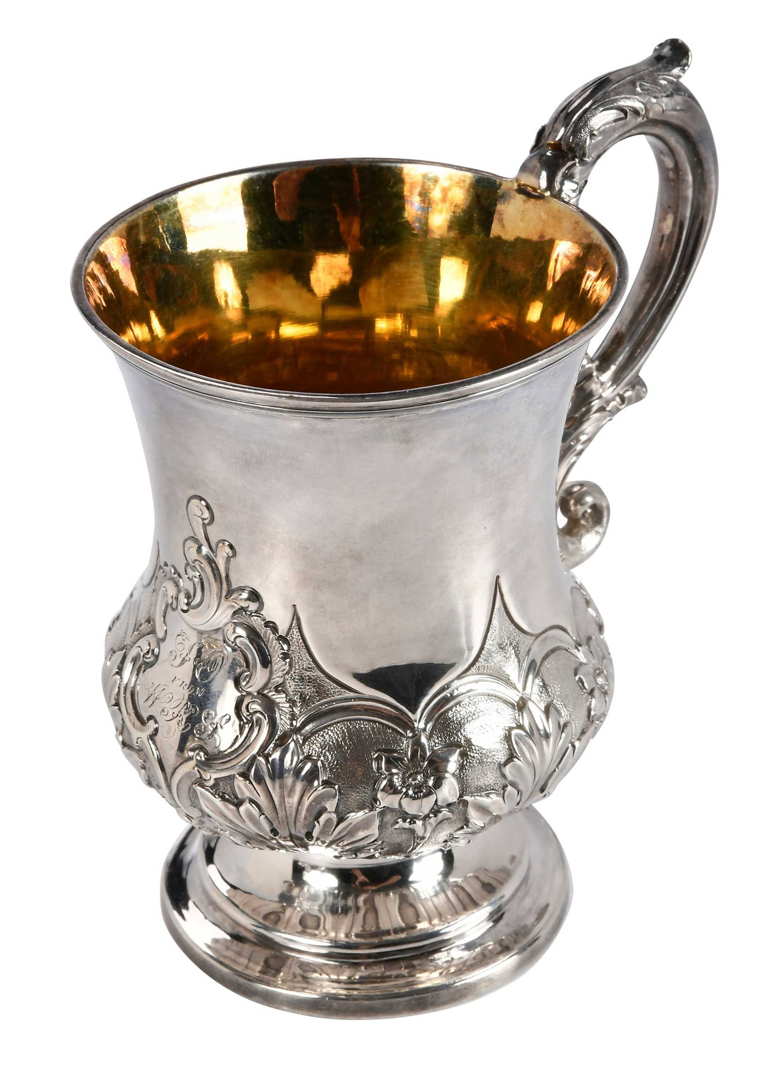 Scottish Silver Mug, Alexander Graham Wighton: Edinburgh, 1834, urn form with scroll handle, gilt interior, monogram, marks for Alexander Graham Wighton, .925 fine, 5.40 oz. T., 4-.3/4 x 5 x 3-1/2 in. Provenance: Private North Carolina Collection