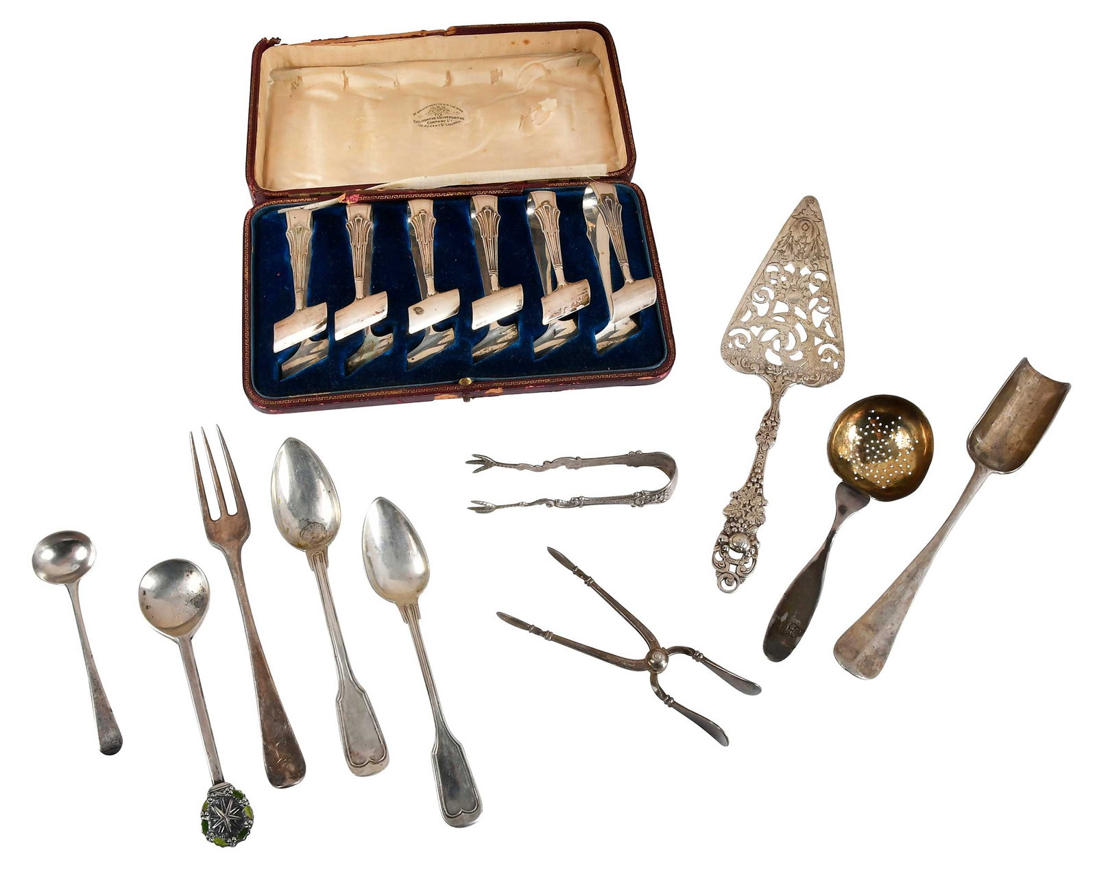 16 Pieces Continental and English Flatware: including ten English silver: cased set of six asparagus tongs; 18th century scoop; Georgian fork and slat spoon; 1971 Christmas spoon, .925 fine, 7.97 oz. T., six Continental silver: Danish sterling 