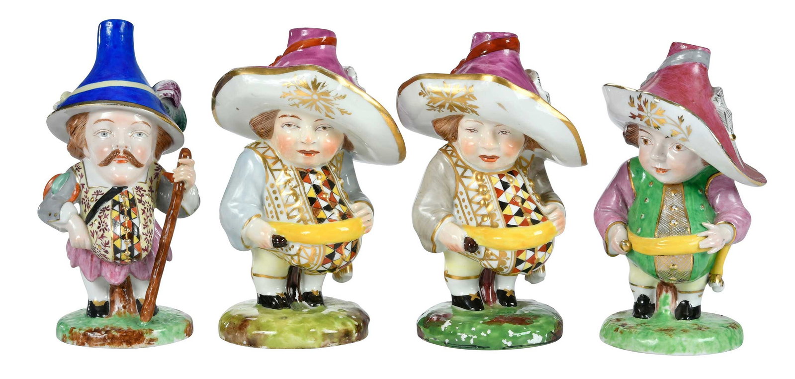 Four 19th Century English Porcelain Mansion House Dwarf Figures, One Derby: blue coat example with red partially underglaze Derby mark to underside of base, the others with molded numbers to undersides of bases, each approx. 6-1/2 x 4 x 4 in. Provenance: Collection of Steve