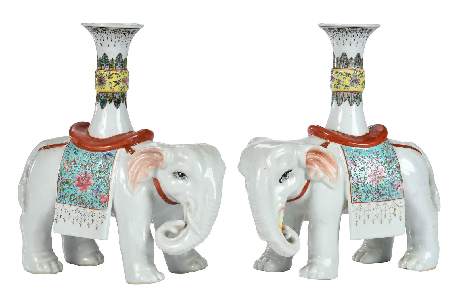 Pair of Chinese Export Enameled Porcelain Elephant Form Candlesticks (1 of 9)