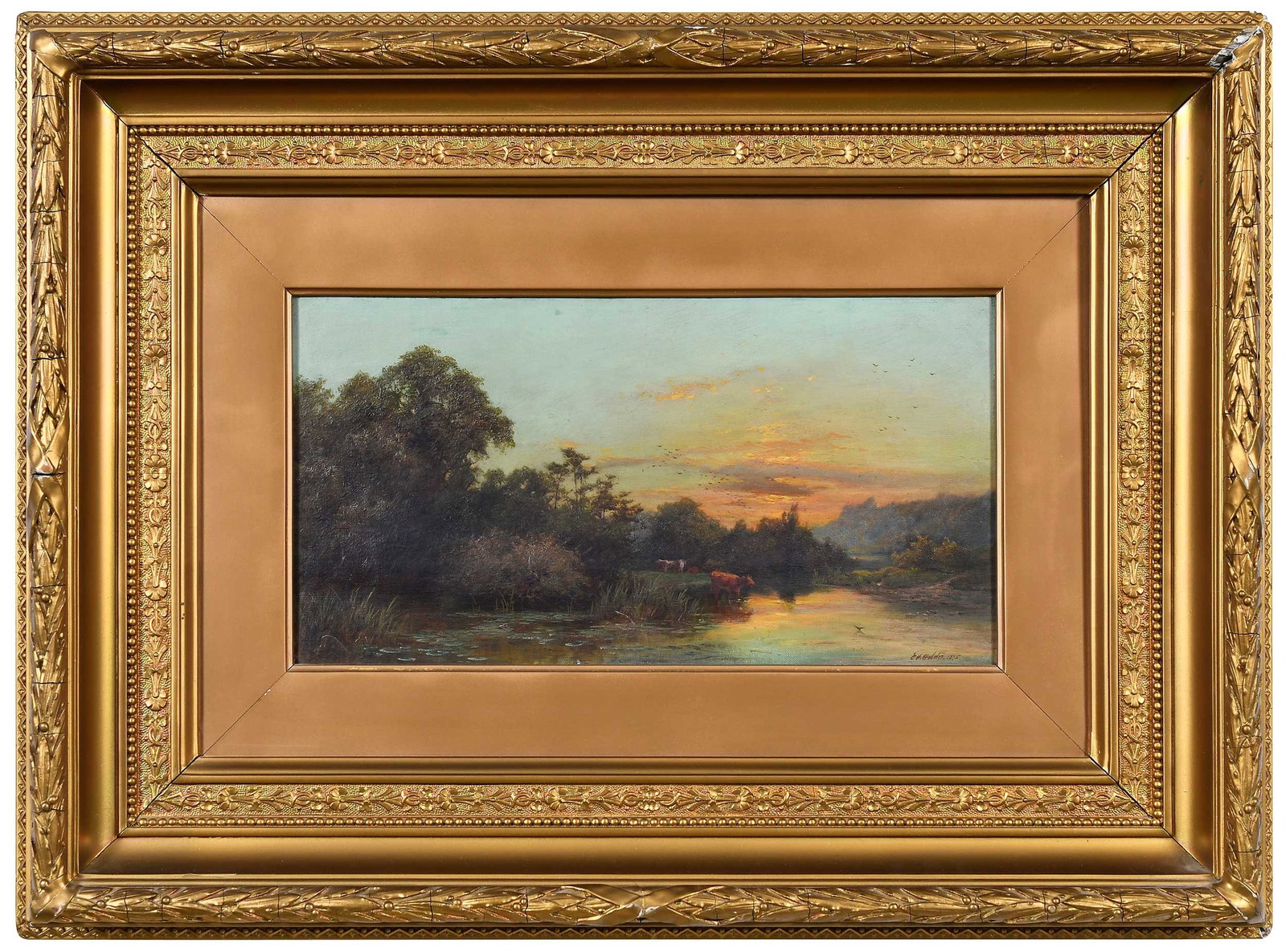 Edward Henry Holder, Evening Twilight: (British, 1847-1922) Sunset landscape with animals, 1875, signed and dated lower right "EH. Holder 1875," signed and titled verso, oil on canvas, 8-3/4 x 16-1/4 in.; gilt wood and composition frame,