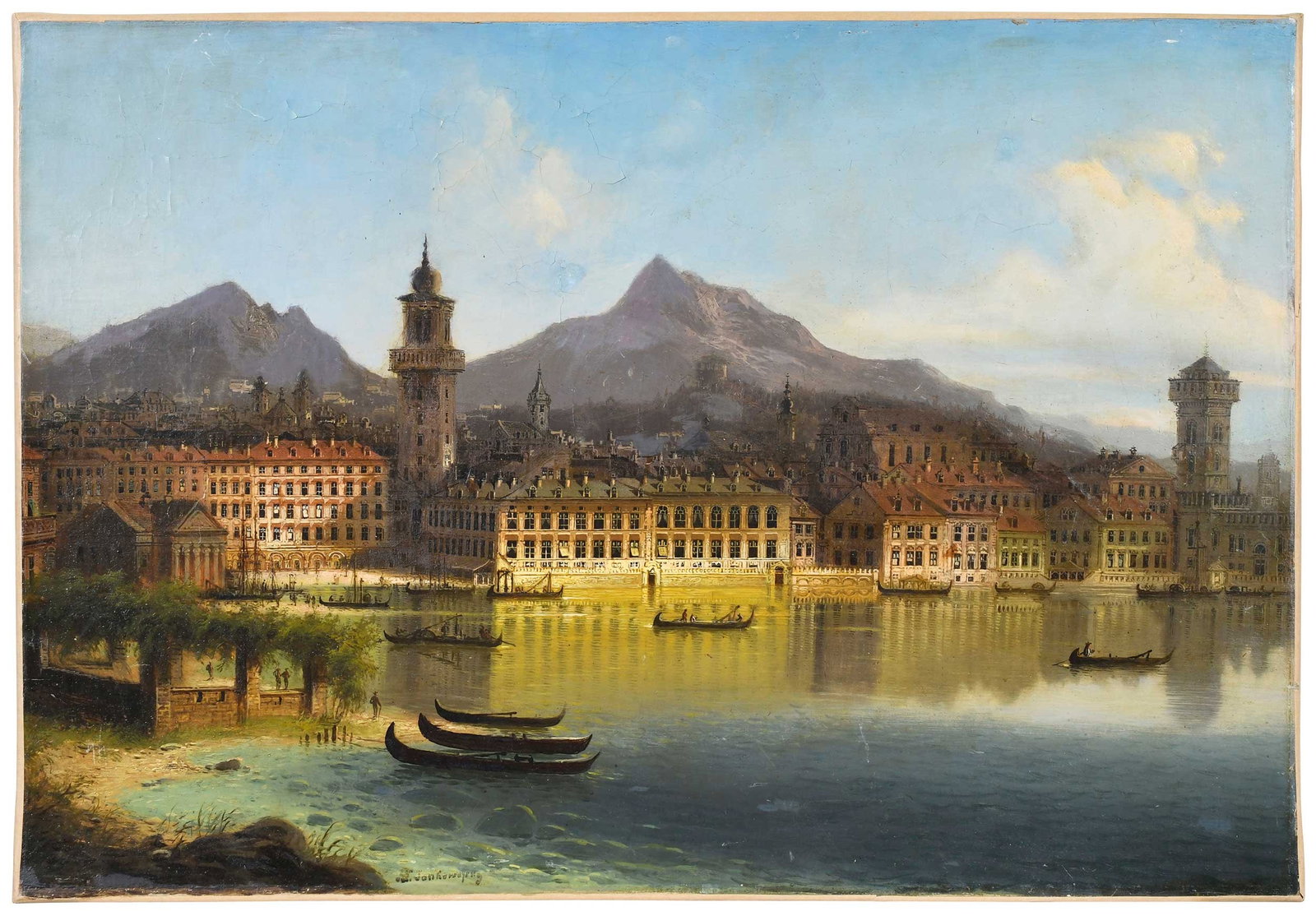Johann Wilhelm Jankowski, Riva del Garda, Italy: (Austrian, 1825-1870) Sunlit harbor, signed lower left "J.W. Jankowski", oil on canvas, 19 x 27-1/4 in.; unframed Provenance: Private Collection, Virginia Beach