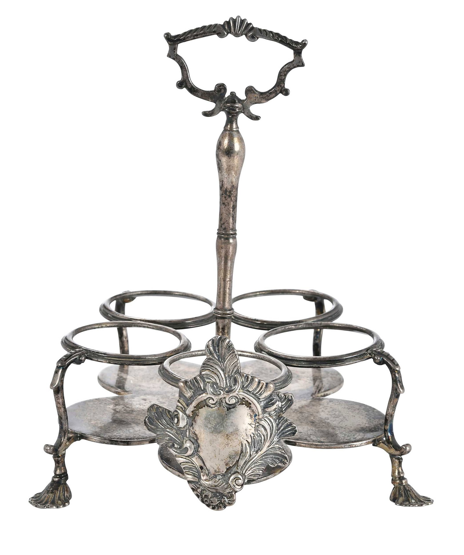 George III English Silver Cruet Stand: London, 1771, five round holes for cruet bottles, shell feet, foliate cartouche, no monogram, marks for Jabez Daniell & James Mince, .925 fine, 14.08 oz. T., 7-1/2 in. Provenance: Estate of Linda