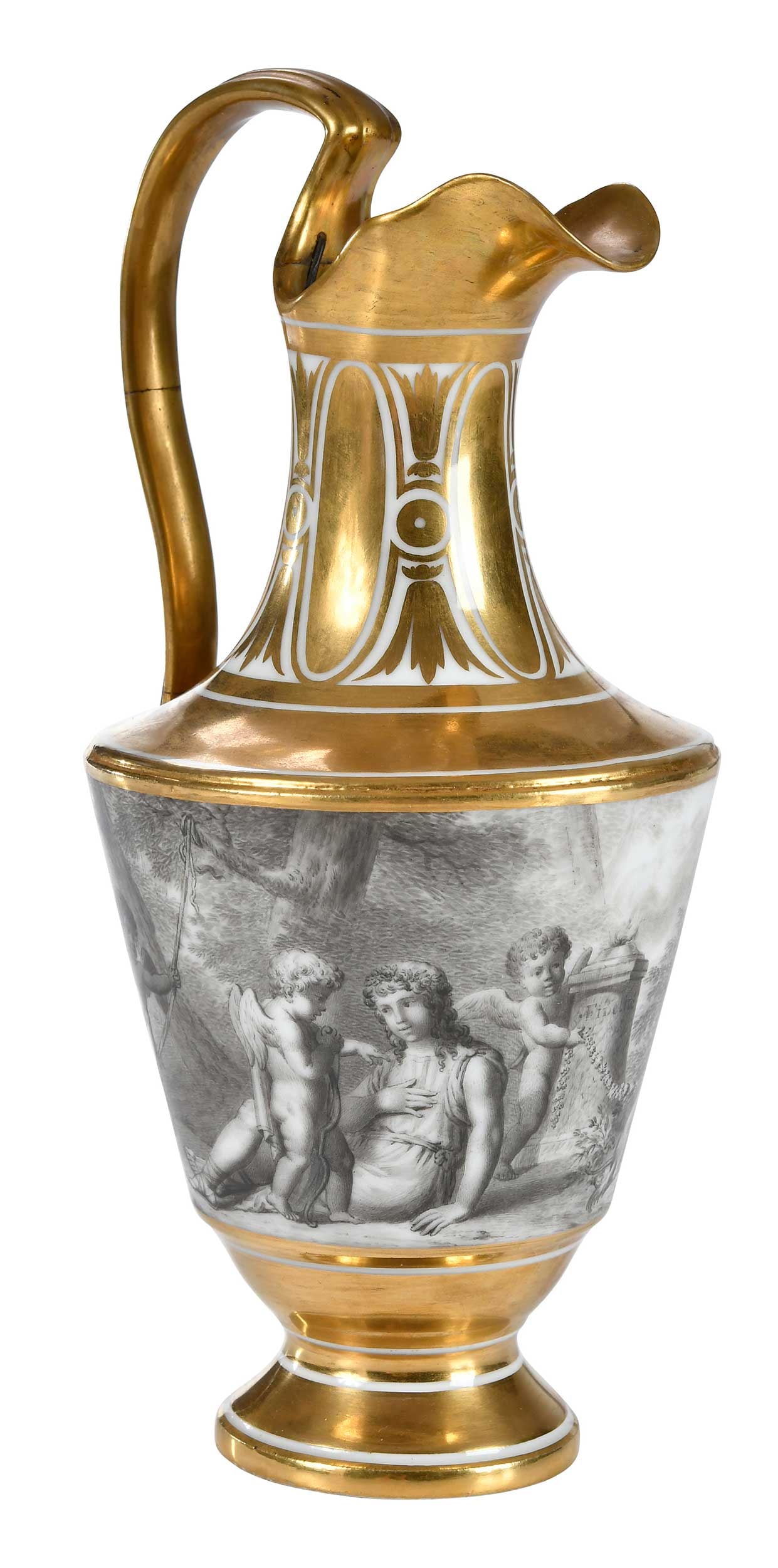 Meissen Gilt Porcelain Ewer with Mythological Scene: German, 18th/19th century, classical form with gilt decoration and en grisaille scenes of Cupid or Eros and Psyche, 10-3/4 x 5 x 5-1/2 in. Provenance: Jackson's International Auctioneers, Cedar Falls,