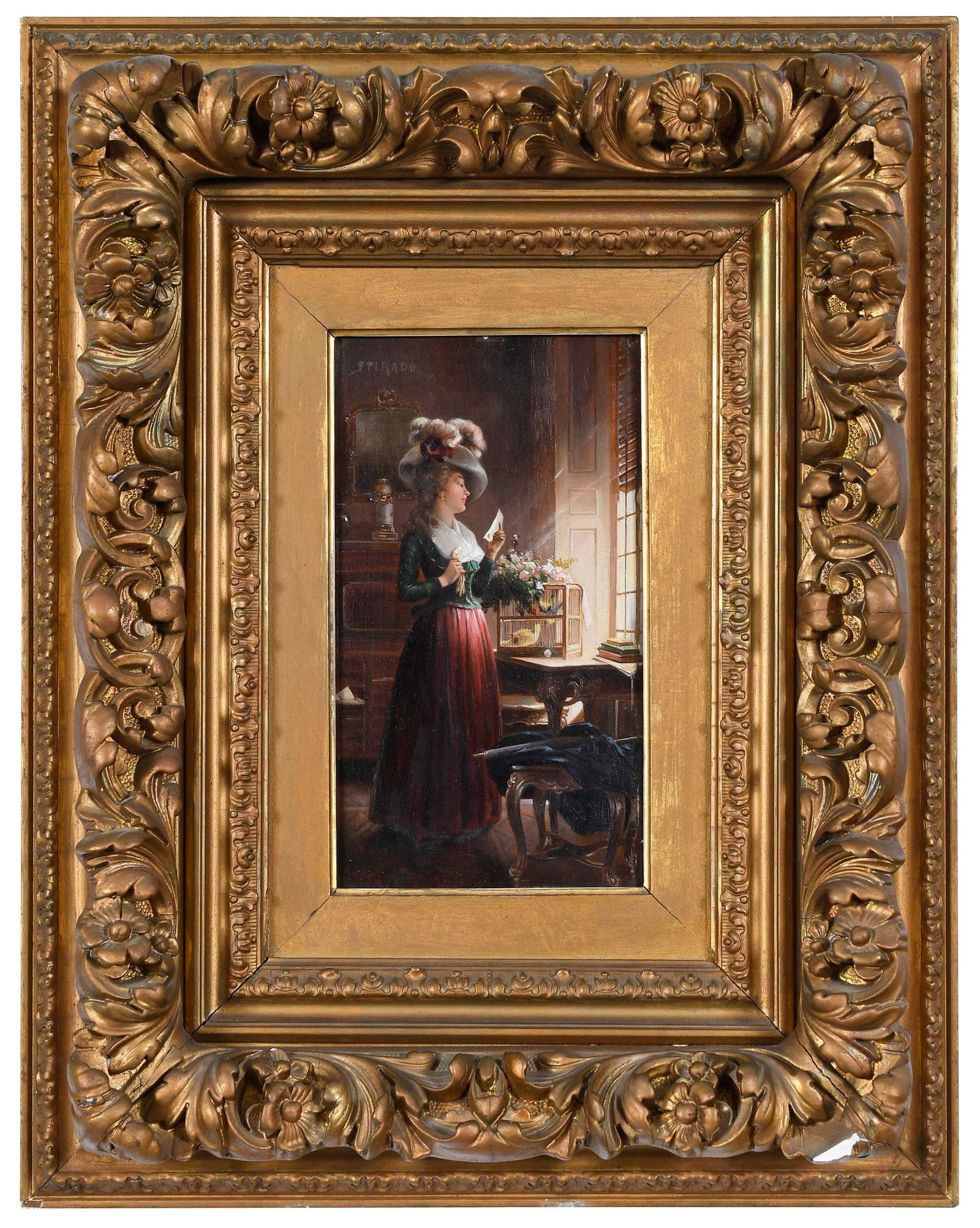 After Tony Robert-Fleury, The Billet Doux: (French, 1837-1912) Woman with a love letter, signed or inscribed upper left "Stirado," later 19th century after the original or engravings of the painting, oil on panel, 10-1/2 x 5-7/8 in.; original