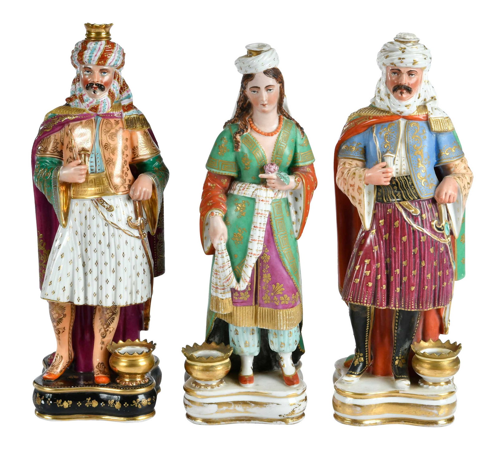 Three Jacob Petit Porcelain Perfume Holders: French, 19th century, marked "JP" on bases, each elaborately gilt decorated and enameled, 13-1/2 x 4-1/2 x 4-1/4 in. Provenance: Collection of Steve Stewart, Lake Lure, North Carolina