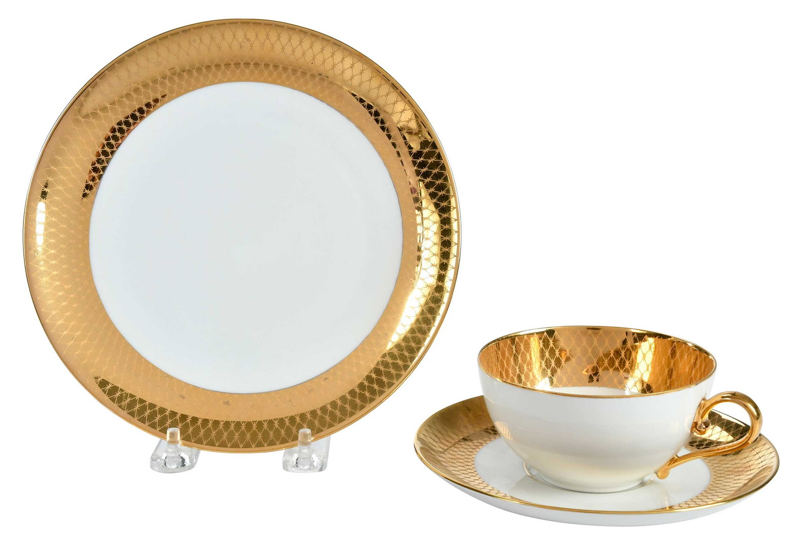 36 Piece Rosenthal Porcelain Tea Service: 20th century, each marked for Rosenthal at undersides of bases, most with scratch to porcelain beneath mark, comprising: 12 teacups; 12 saucers; 12 small/dessert plates; largest 7/8 x 7-1/2 x 7-1/2