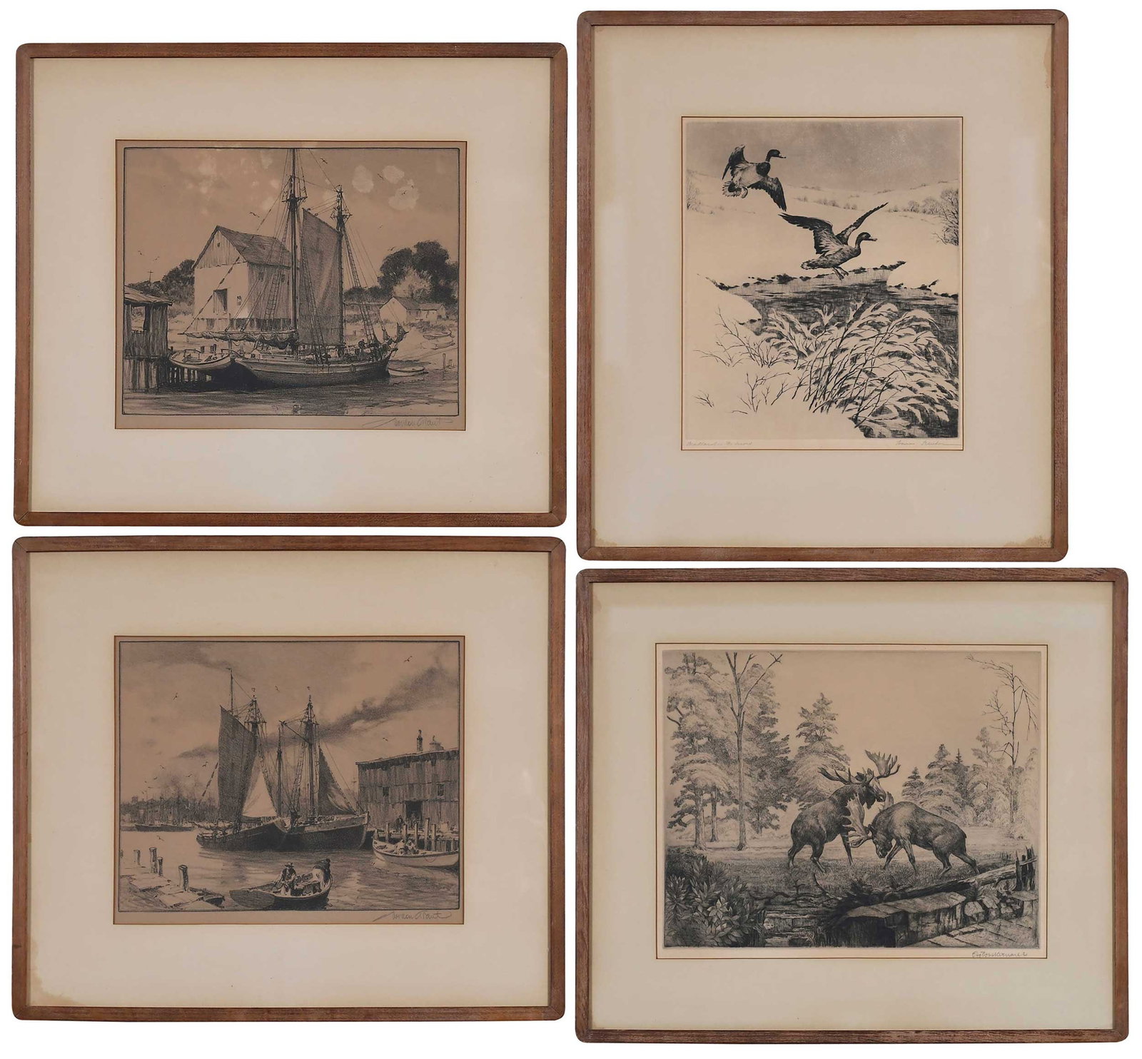Four Wildlife and Outdoor Prints: (American, 20th century) Hans Kleiber (1887-1967), Mallards in the Snow, signed in pencil lower right "Hans Kleiber", titled in pencil lower left, etching on paper, plate 10-7/8 x 9-3/8 in.; Otto Wack