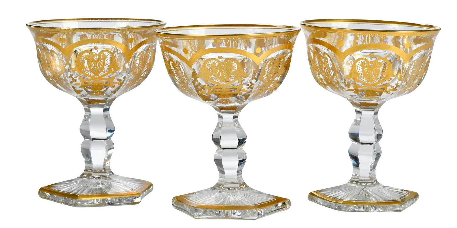 12 Baccarat Empire Pattern Gilt Crystal Goblets: French, 20th century, 5 x 4 x 4 in. Provenance: Collection of Steve Stewart, Lake Lure, North Carolina