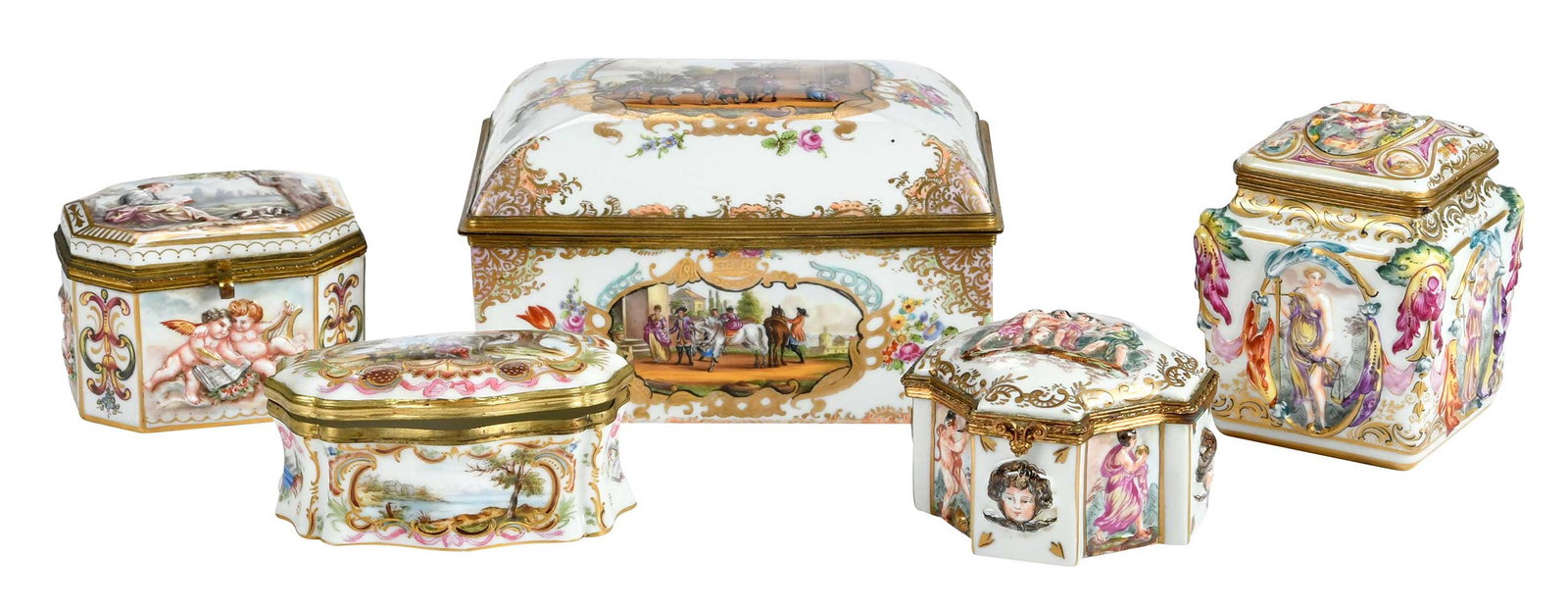 Five Continental Porcelain Enamel and Gilt Decorated Boxes including Meissen (1 of 16)