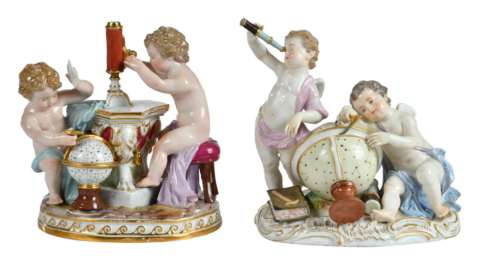 Two Meissen Putti Figural Groups, Allegories of Astronomy: German, 19th/20th century, both with underglaze blue crossed swords to undersides of bases, one with incised "C 46", the other "2460", each approx. 5-1/4 x 5-1/2 x 4-1/8 in. Provenance: Collection of