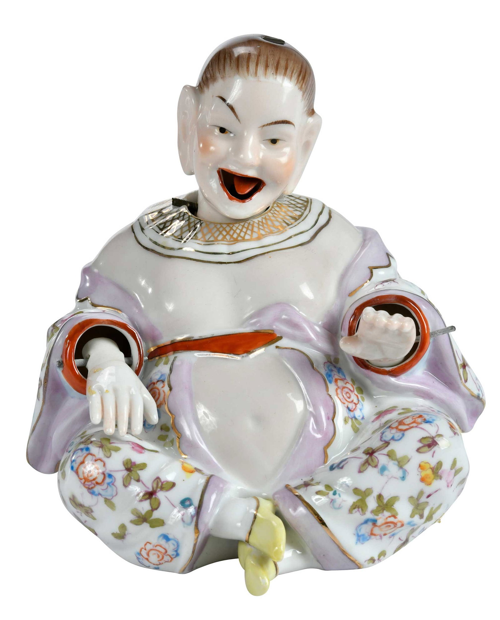 Porcelain Pagoda Nodder Figure: probably German, 19th century, "G519" in iron red to underside of base, otherwise unmarked, movable head, tongue, and hands, approx. 5-1/4 x 5-1/8 x 5 in. Provenance: Collection of Steve Stewart, Lake