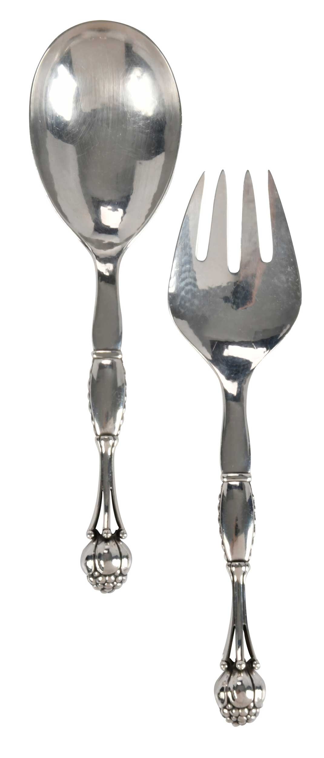 Georg Jensen Sterling Salad Set, Pattern No. 38: Denmark, mid 20th century, hammered finish with bud finial, Georg Jensen design and part of his "Unique Serving Pieces" collection, no monogram, marks for Georg Jensen, 7.26 oz. T., 9-1/2 in. fork
