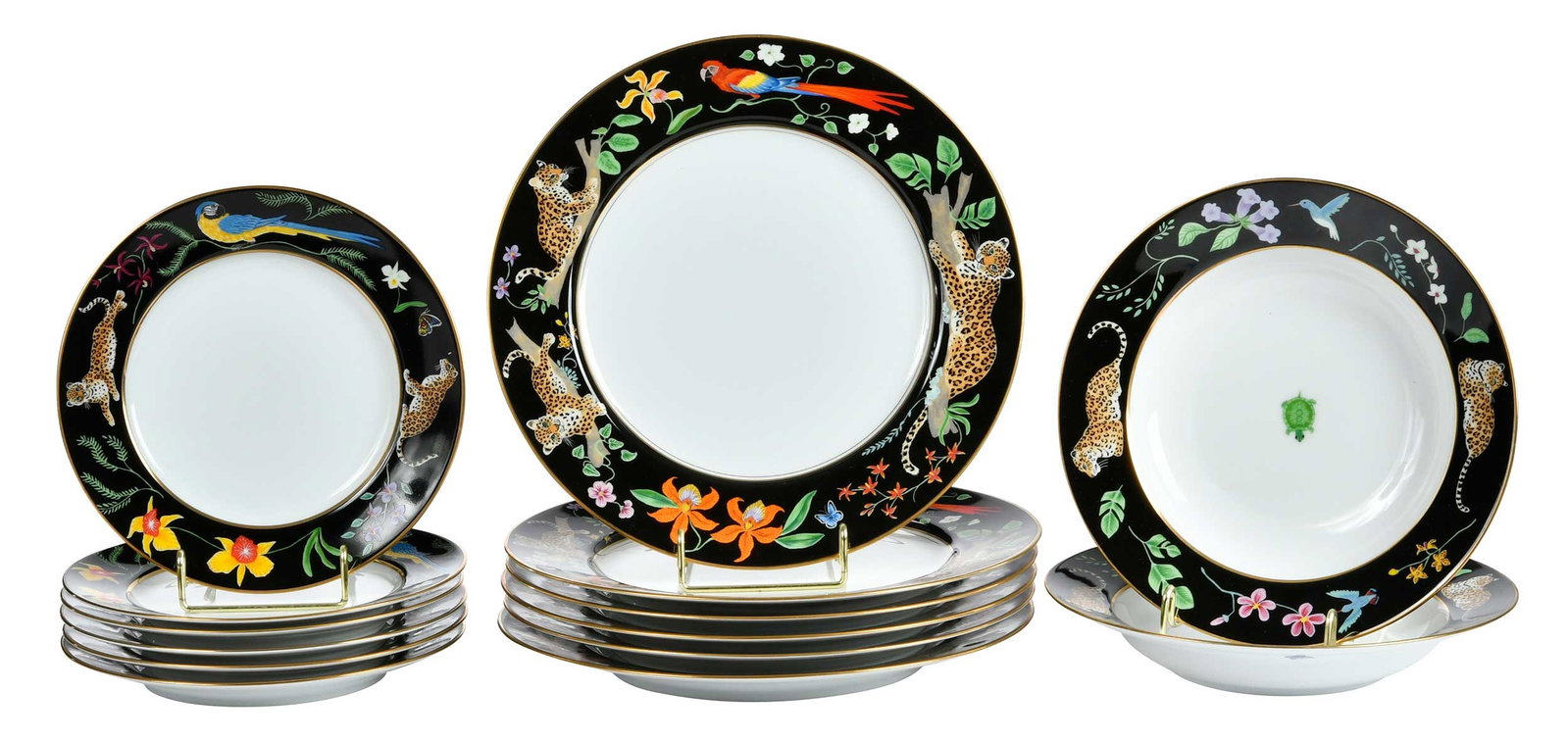 14 Pieces Lynn Chase Jaguar Jungle Porcelain Tableware: circa 1988-2016, Lynn Chase marks to bases, comprising: two 1-3/8 x 9-1/4 x 9-1/4 in. soup bowls; six 1 x 10-7/8 x 10-7/8 in. dinner plates; six 1 x 8-1/8 x 8-1/8 in. salad/dessert plates Provenance: 