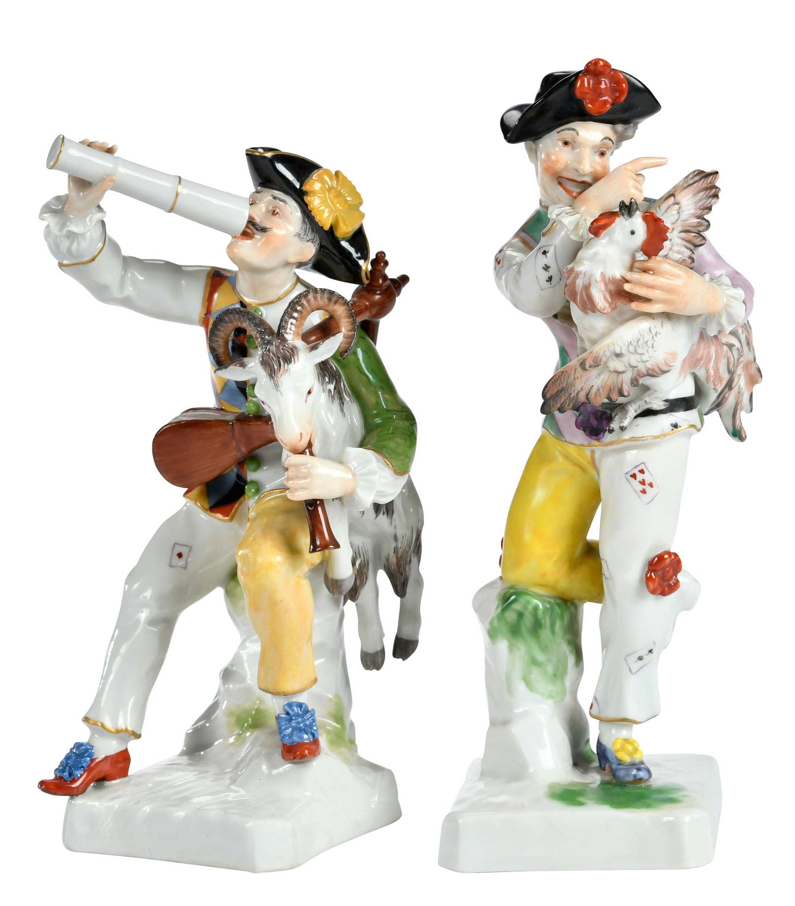 Pair of Chelsea Porcelain Figures: English, early to mid 20th century, Chelsea red anchor marks to bases, larger 8 x 2-1/2 x 2-1/2 in. Provenance: Collection of Steve Stewart, Lake Lure, North Carolina