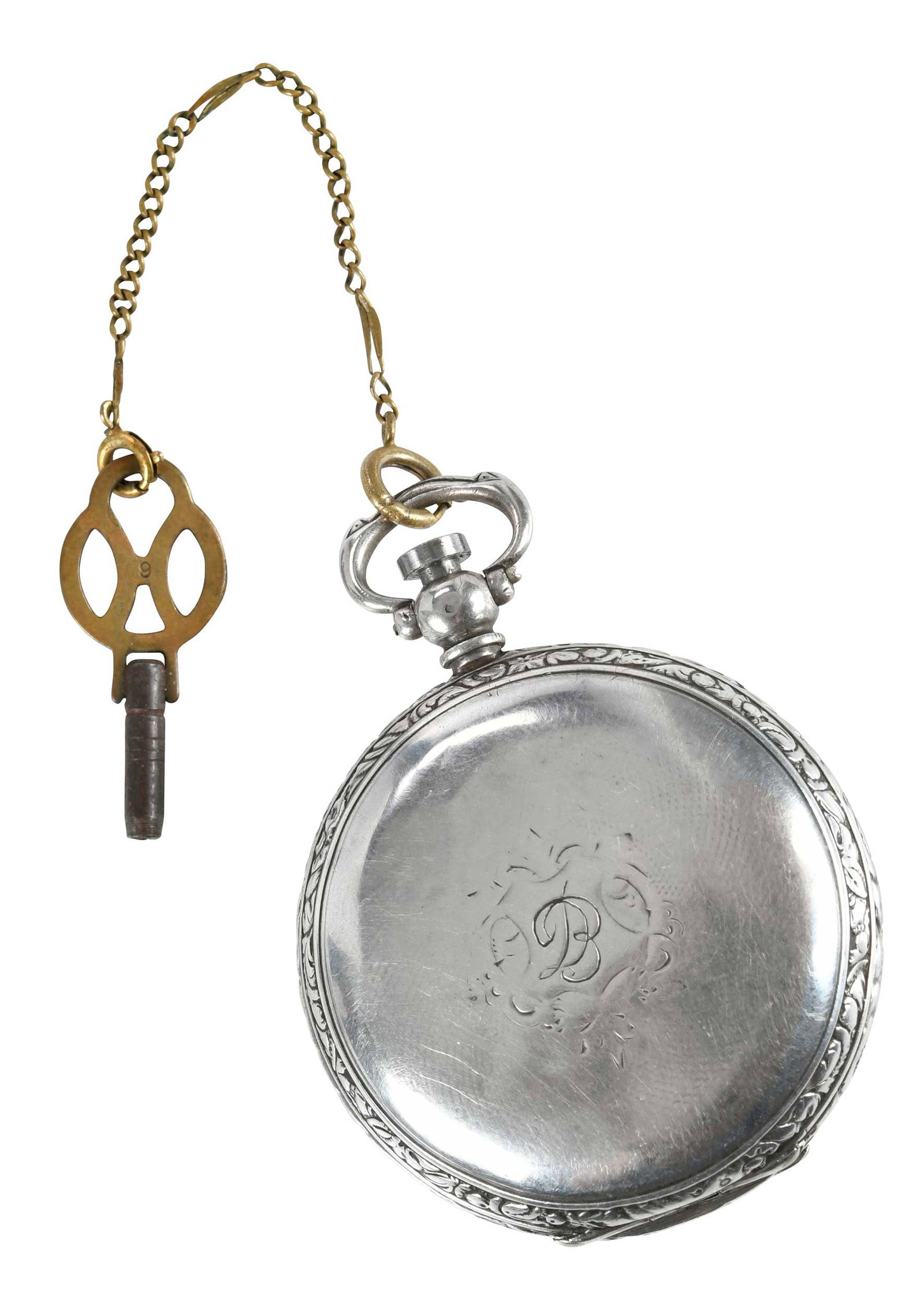 Jaquet Droz English Silver Pocket Watch: double face English silver case with Swiss movement, dial marked "Droz Freres London" (Jaquet Droz), key wind with key, monogrammed case, 44mm Provenance: Private North Carolina Collection Note: No wa