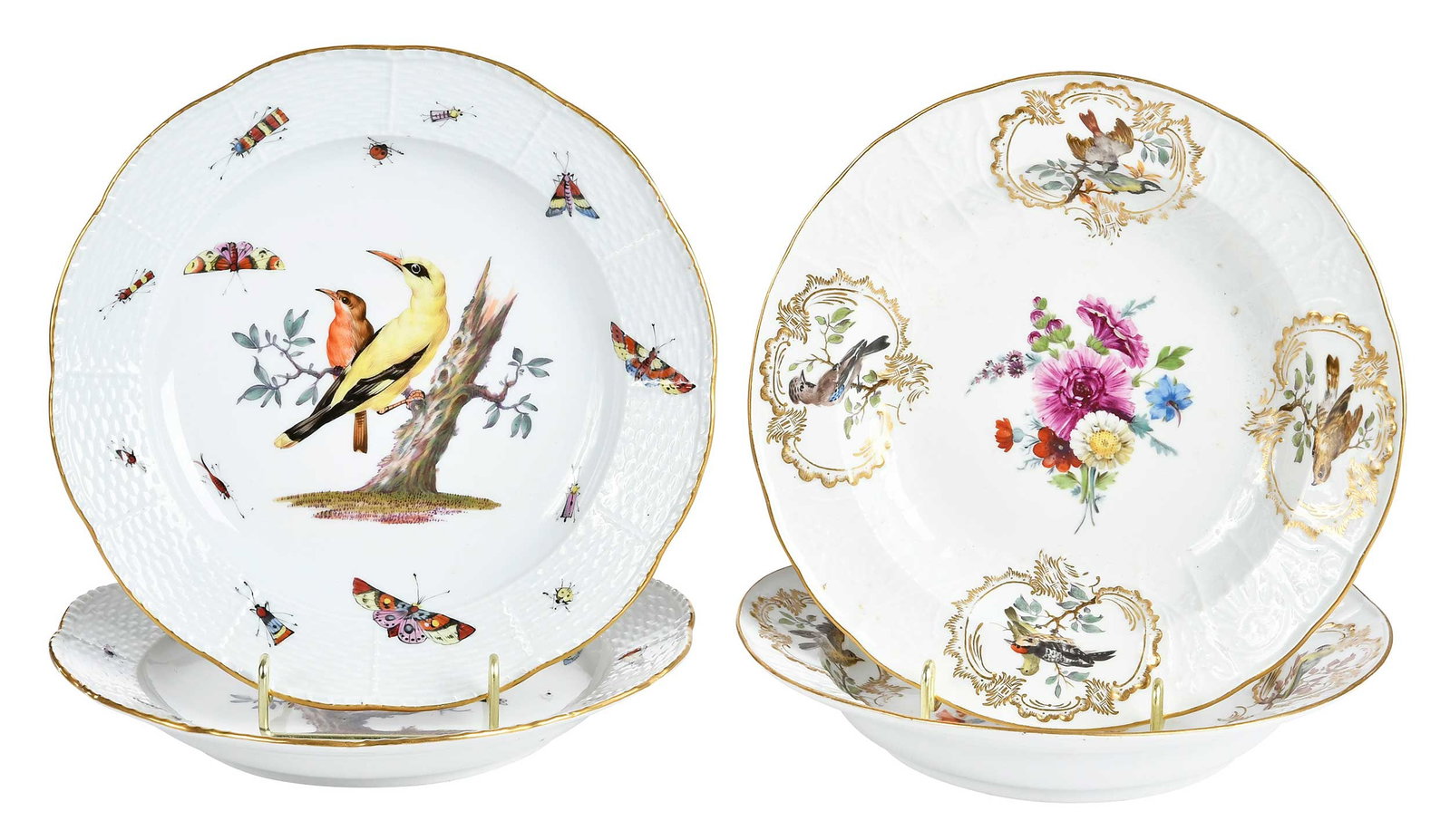 Two Pairs of Meissen Porcelain Serving Pieces: early 20th century, two bird and insect decorated plates, underglaze blue crossed swords to undersides of bases; late 18th century/early 19th century, two bird and floral decorated soup plates,