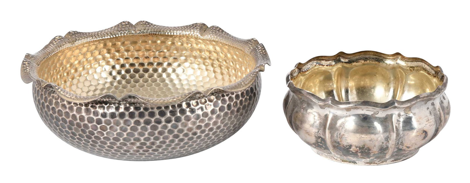 Two German Silver Bowls: late 19th/20th century, one with hammered finish, monogram, 4 x 10-1/4 in.; one round with scalloped sides, 3-1/4 x 7 in., both .800 fine, marks for German, 25.65 oz. T. Provenance: Private Asheville