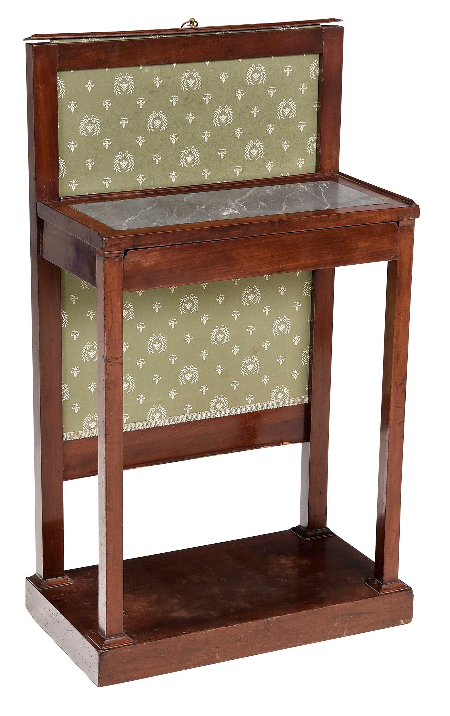 French Empire Mahogany Marble Top and Upholstered Side Table with Fire Screen: early 19th century, variegated gray marble or slate top, pull up fire screen with green upholstery, single dovetailed frieze drawer with oak linings, 38-1/2 x 23 x 12-1/2 in. Provenance: Estate of