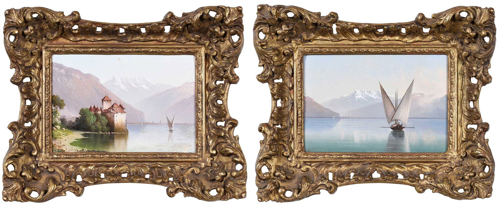 Pair Swiss Landscape Paintings: (Continental, early 20th century) Views of Lake Geneva: Chateau Chillon, near Montreaux, and Les Dents du Midi, oil on paperboard, 6-5/8 x 8-1/4 in.; matching gilt wood and composition frames, 10-1/8