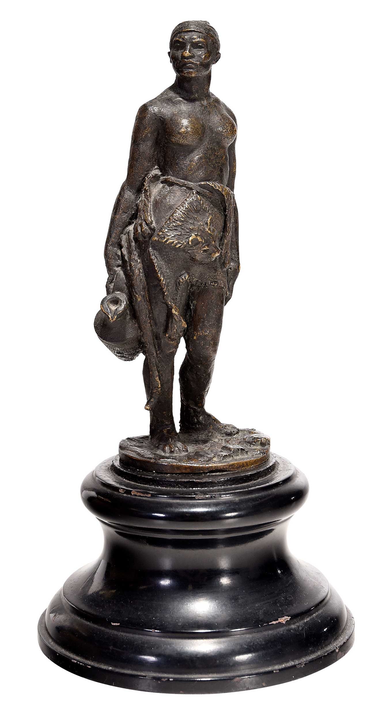 French or Italian School Bronze: (19th century or earlier) Strong African Woman, carrying a water pitcher, with animal hide skirt, not apparently signed, patinated bronze on black lacquer wood socle, bronze 6-1/2 x 2-1/4 x 2 in.;
