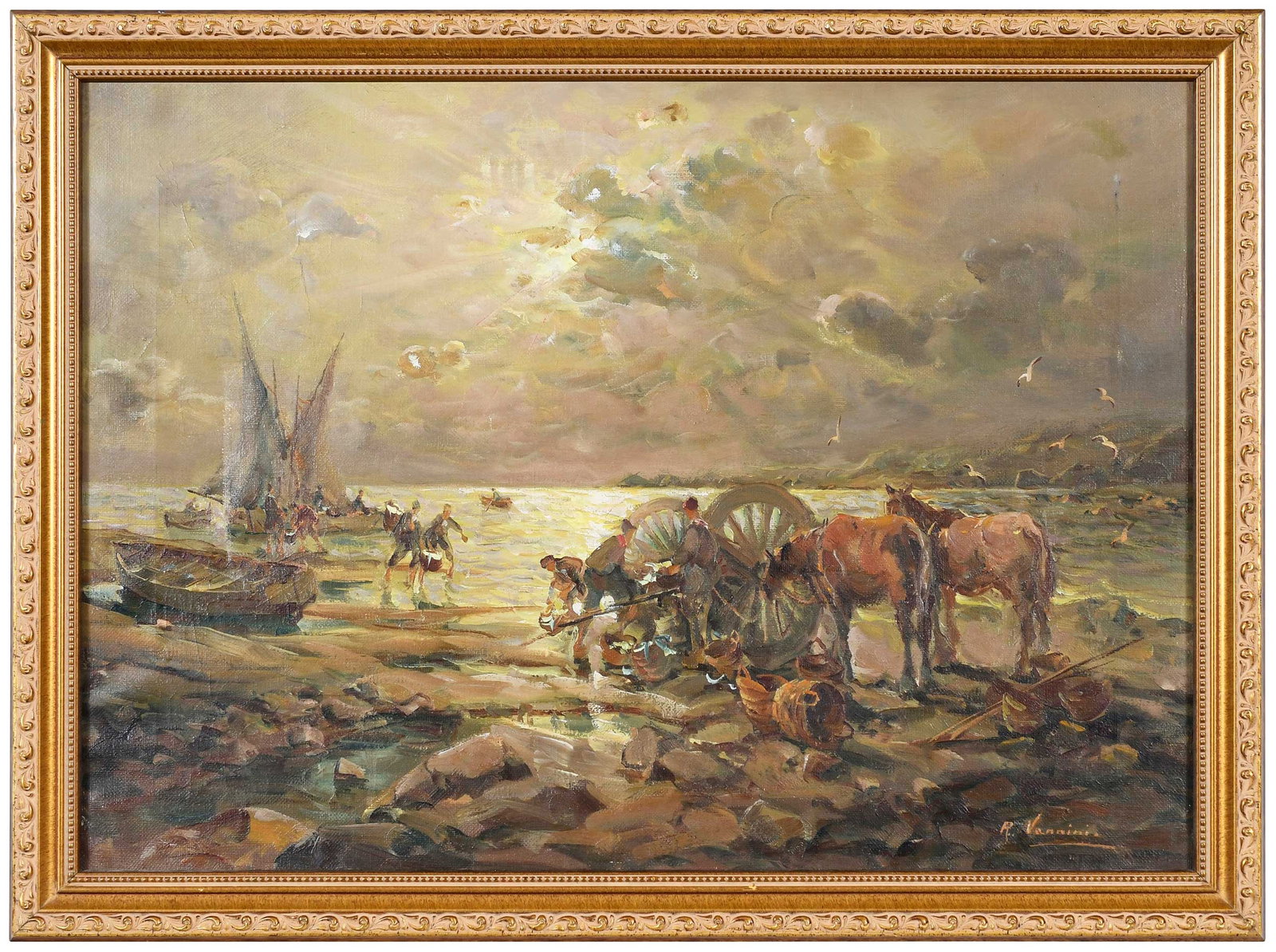 R. Vannini, Salerno Bay: (Italian, 19th-20th century) Seascape, signed lower right "R. Vannini," titled verso, oil on canvas, 15-1/8 x 21-1/8 in.; modern gilt wood frame, 17-1/8 x 23-1/4 x 1-3/8 in. Provenance: Private